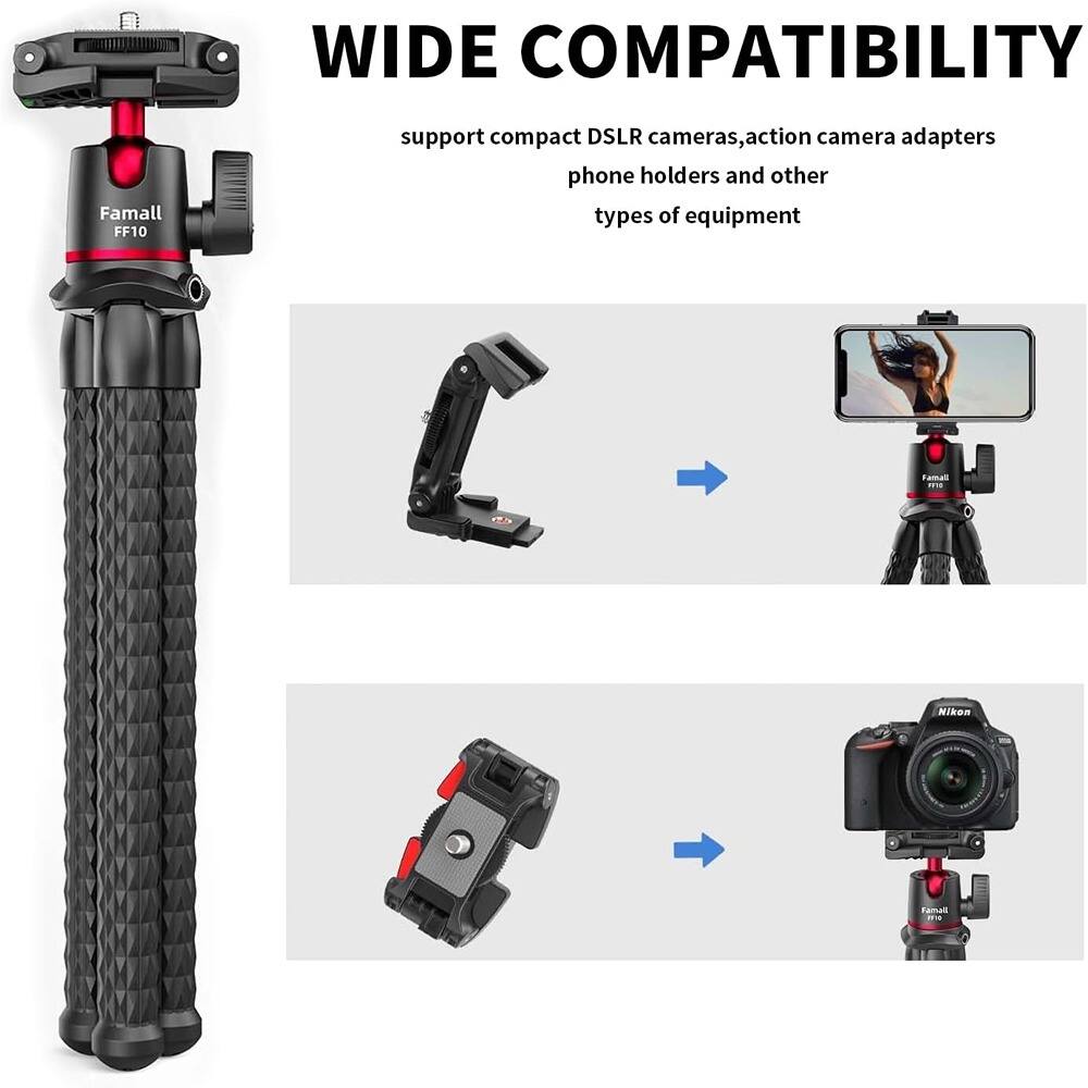 WIDE COMPATIBILITY  
support compact DSLR cameras, action camera adapters phone holders and other types of equipment  

Famall FF10