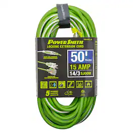 PowerSmith - 1-Outlet 15A 3-Prong Grounded Rubber-Jacket Outdoor Locking Extension Cord, 14-Gauge, Lighted Straight Plug, 50 ft - Green