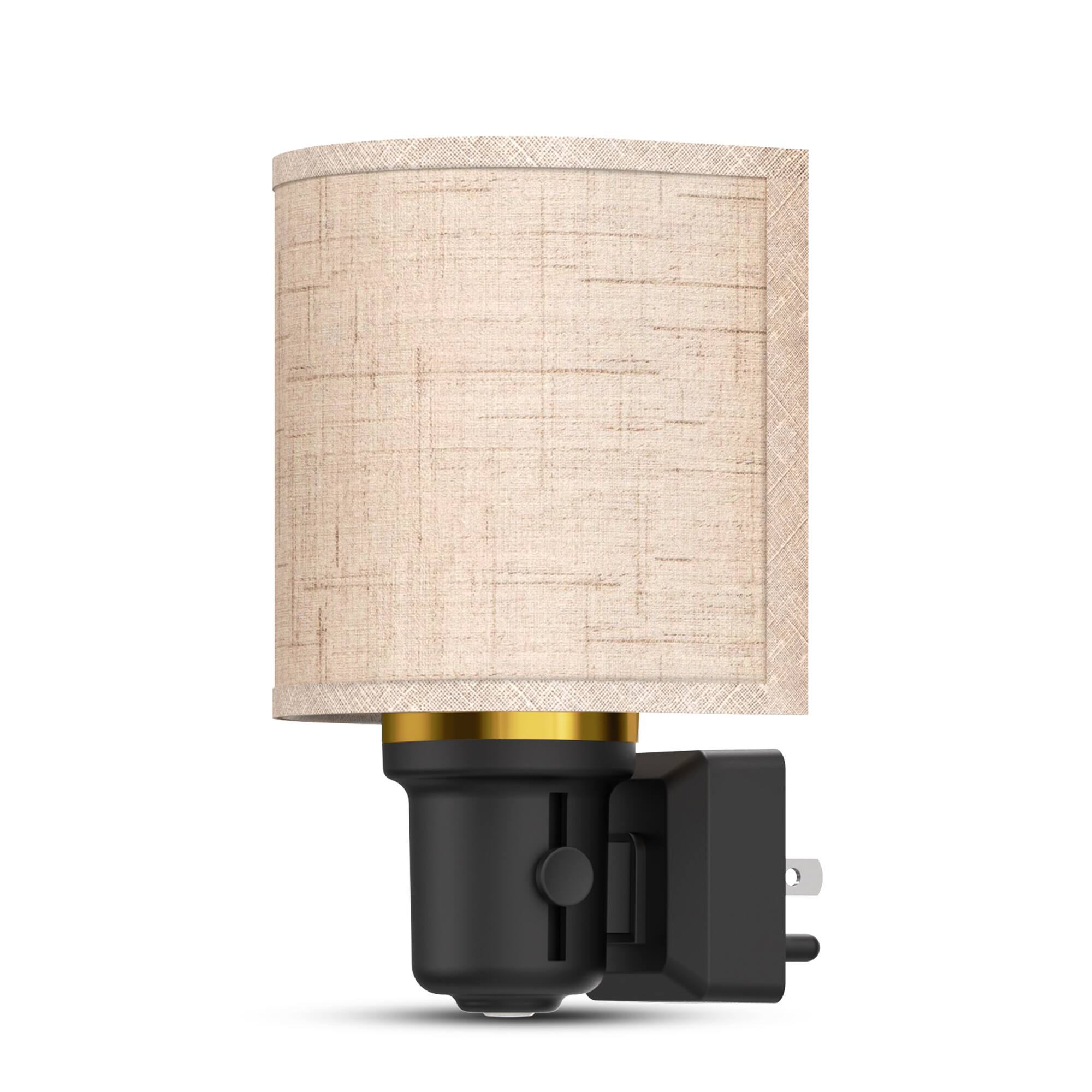 Front. Jandcase - JANDCASE 1W  Plug-in Night Light, 3000K Warm Glow, Fabric Shade with Gold Ring, Slide Dimmer, US 3-Prong Plug - Black and Gold.