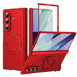 Dteck - For Samsung Galaxy Z Fold 7 Rugged Case With Screen Protector, Shockproof Magnetic Ring Stand Hinge Protection Cover - Red