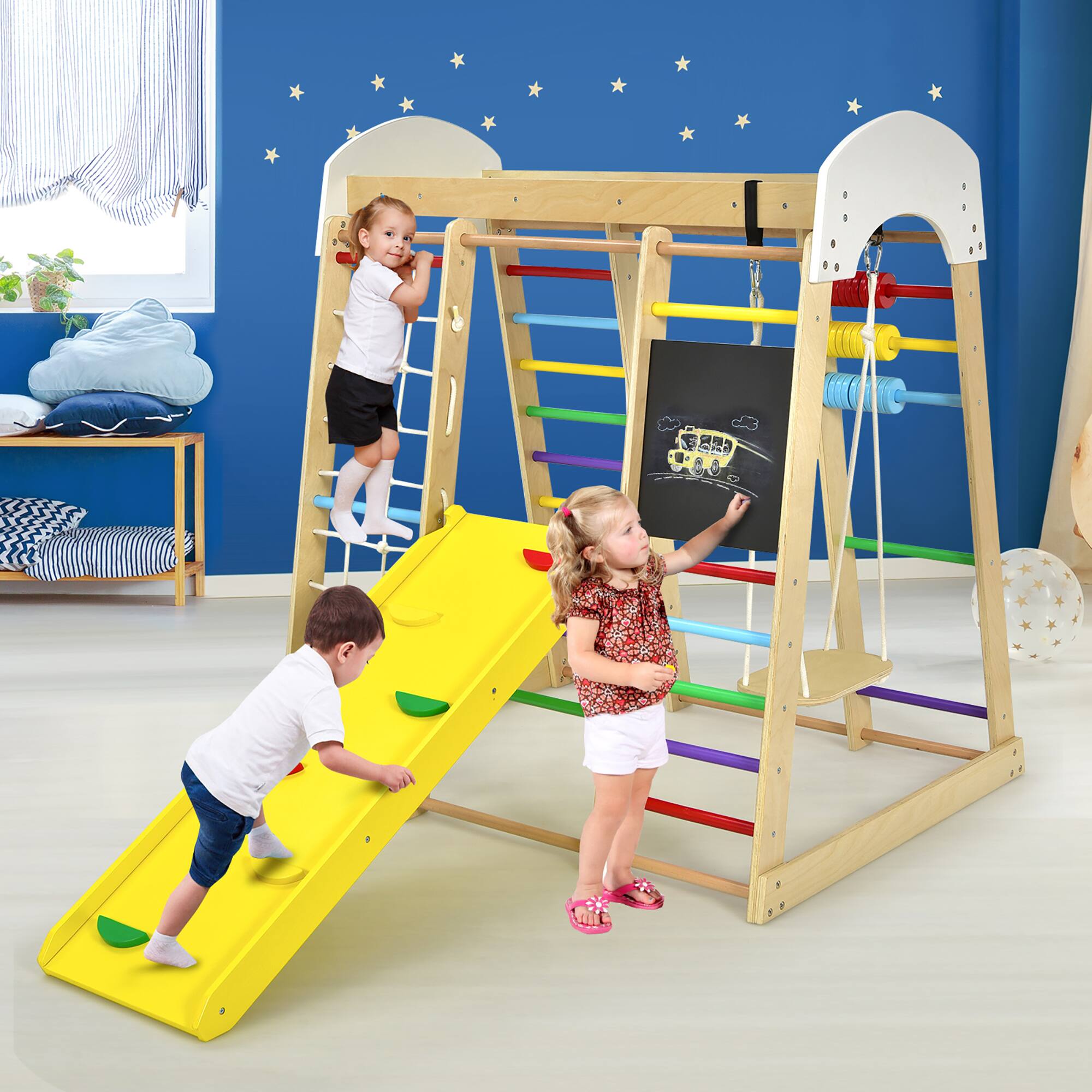 Alt View 8. Costway - Costway Indoor Playground Climbing Gym Kids Wooden 8 in 1 Climber Playset  for Children - Multicolor.