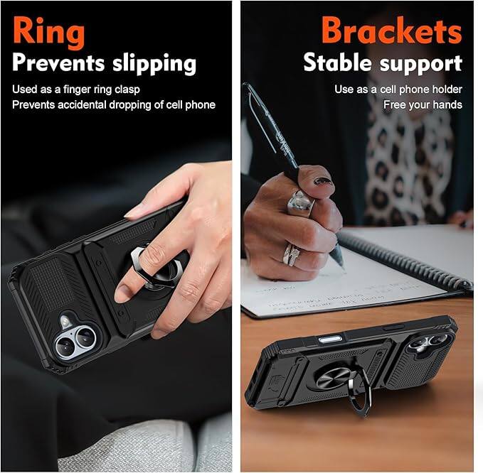 **Ring**  
Prevents slipping  
Used as a finger ring clasp  
Prevents accidental dropping of cell phone  

**Brackets**  
Stable support  
Use as a cell phone holder  
Free your hands