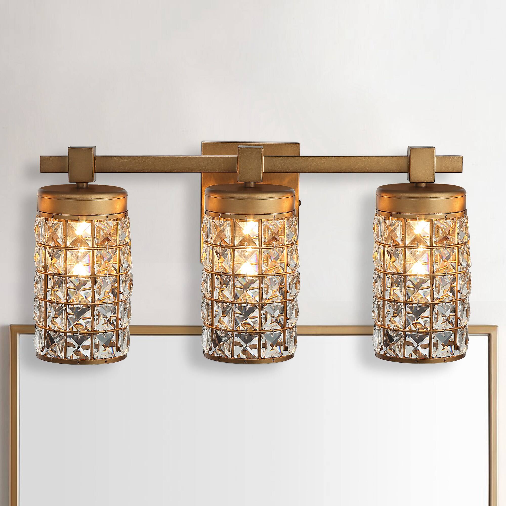 Front. Parrot Uncle - Modern Brass 3-Light Crystal Vanity Light - Brass.