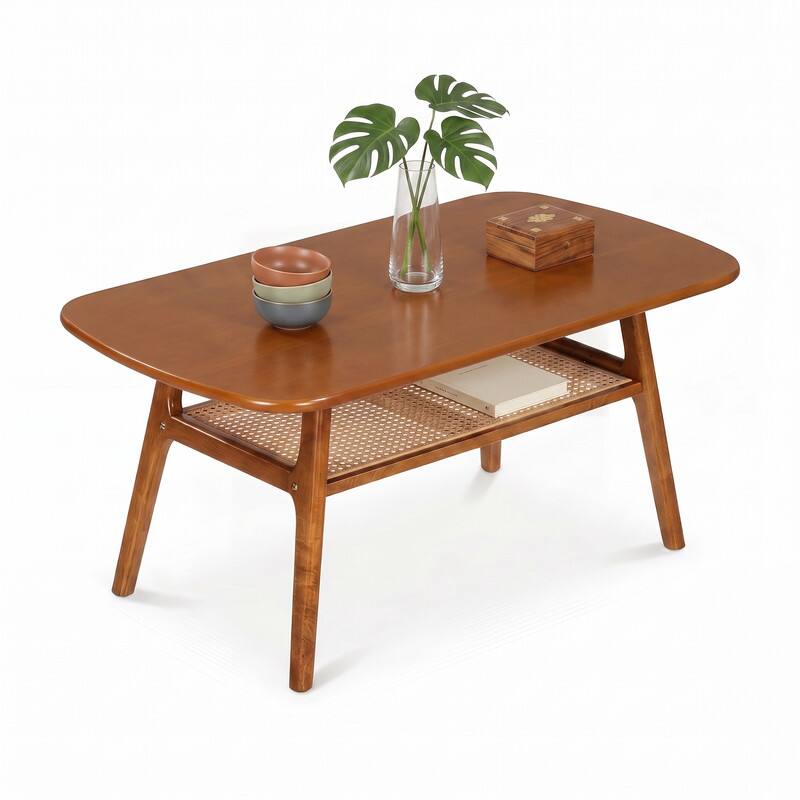 WELLFOR 2 Tier Boho Rattan Coffee Table with Rounded Corners & Storage ...