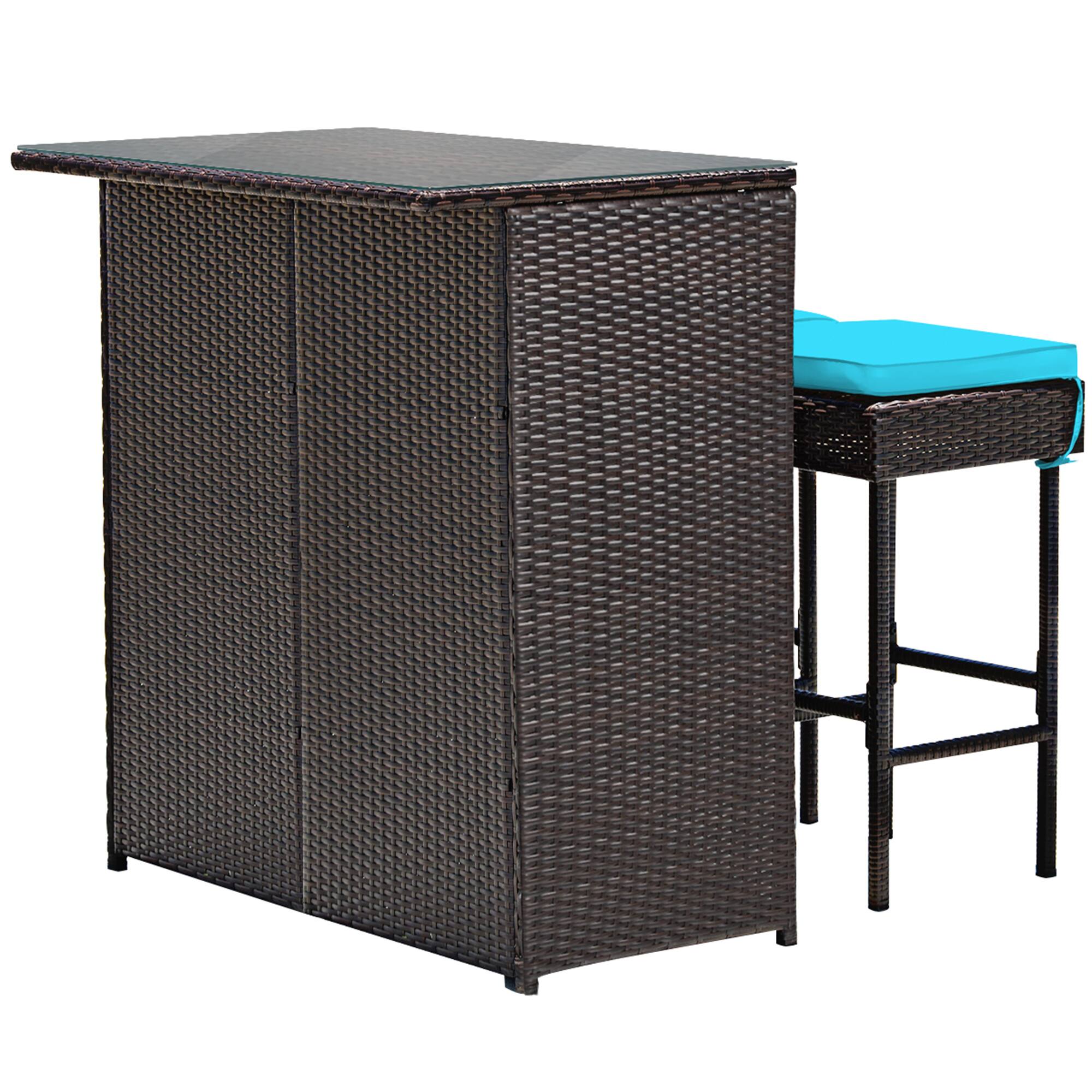 Alt View 5. Gymax - Gymax 3PCS Rattan Patio Bar Table & Stool Set Dining Set w/ Turquoise Cushion - as pic.