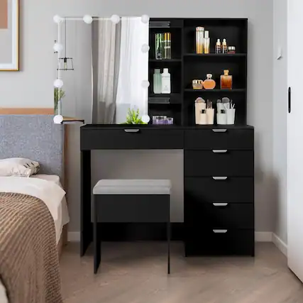 Front. Winado - Vanity Table Set 10 LED Mirror Makeup Cabinet with 6 Drawer Storage, Open Shelves Dresser Desk - Black.