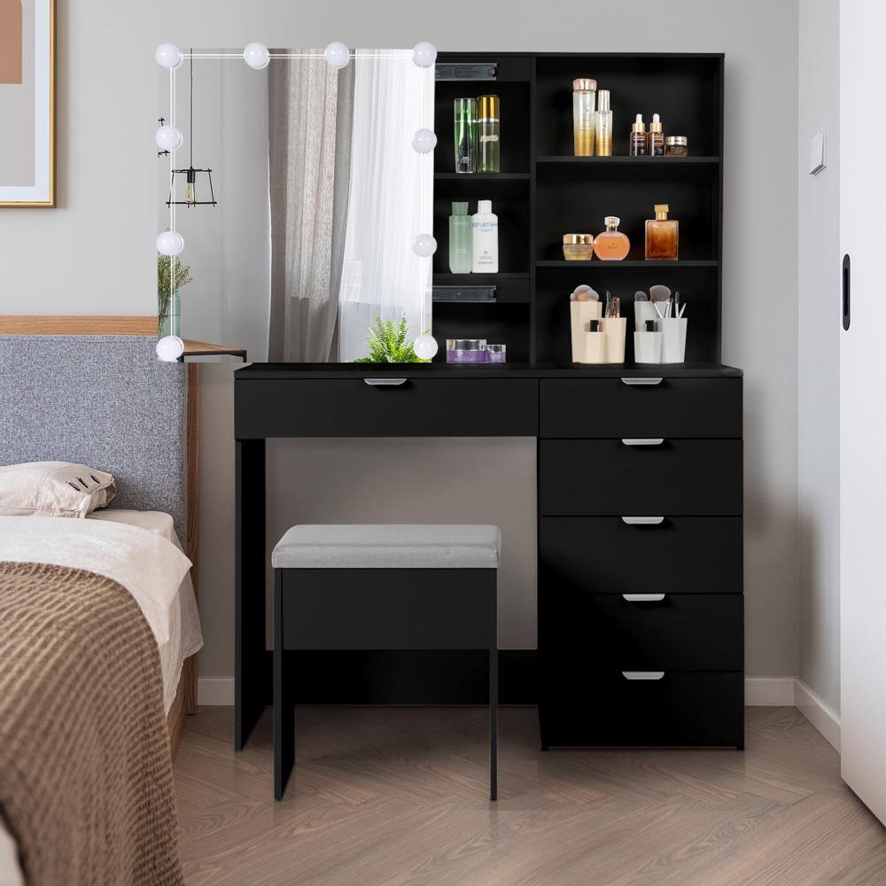 Front. Winado - Vanity Table Set 10 LED Mirror Makeup Cabinet with 6 Drawer Storage, Open Shelves Dresser Desk - Black.