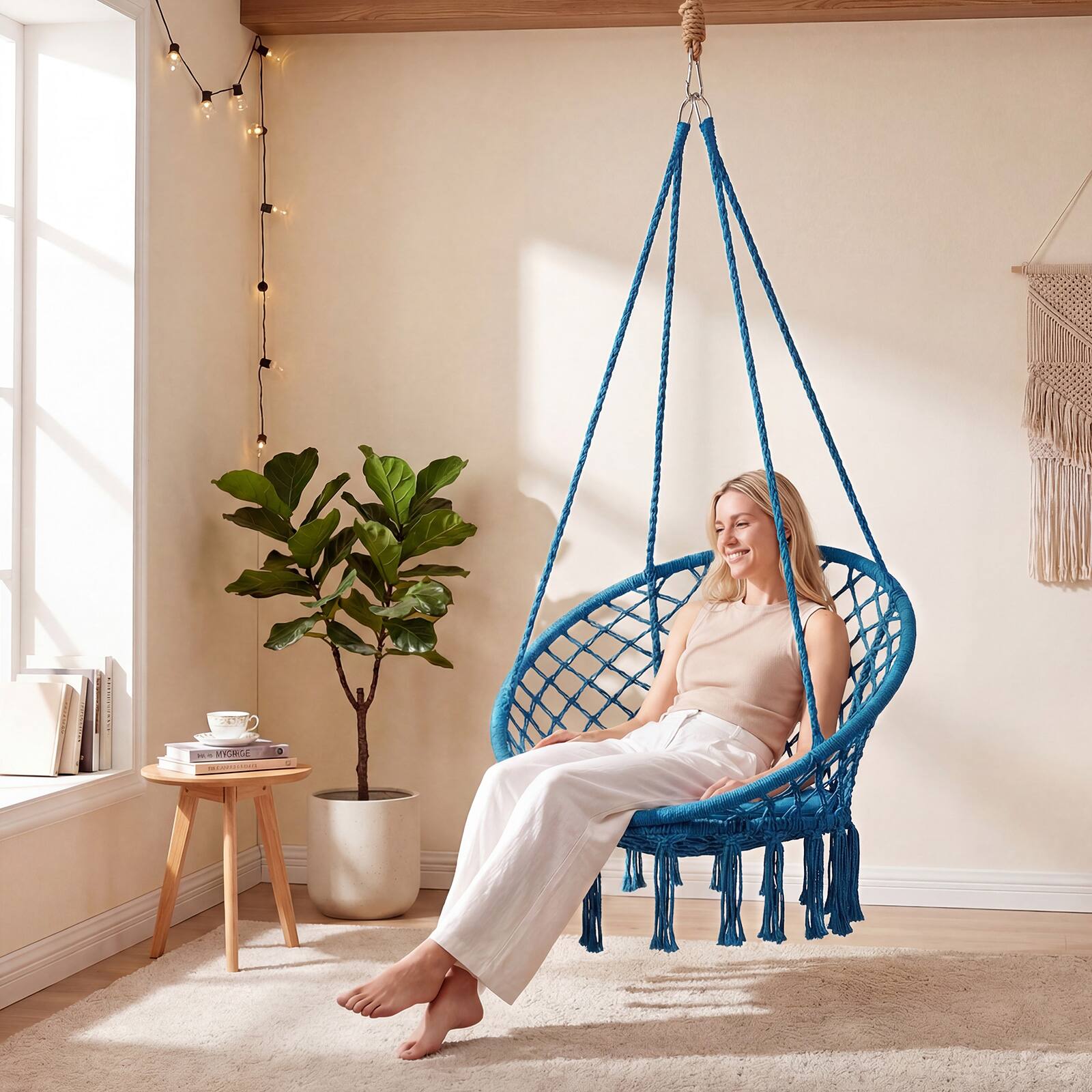 Alt View 3. Costway - Costway Swing Chair, Hammock Chair with Round Seat Cushion, Indoor & Outdoor Boho Chair - Blue.