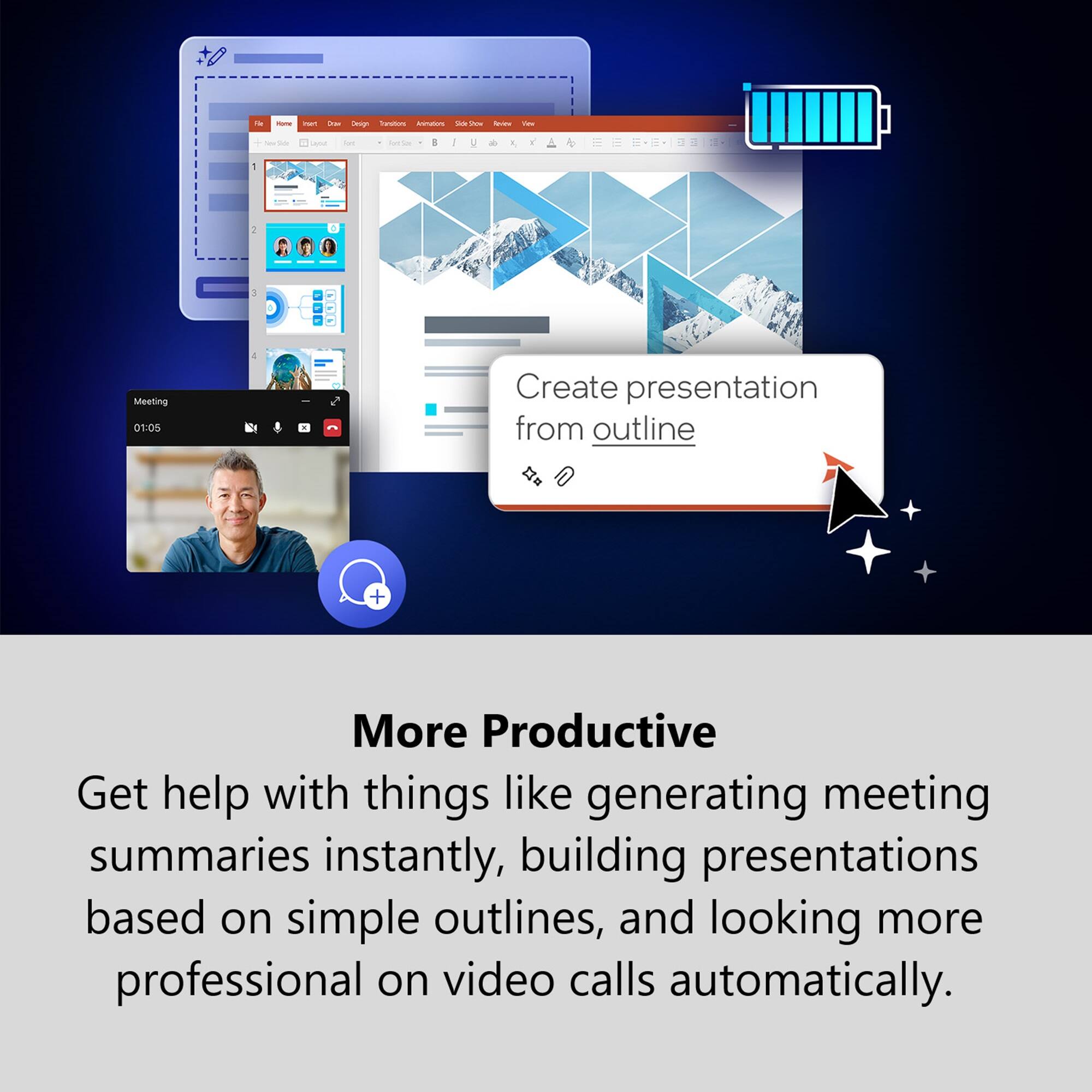 The text on the image is grouped and corrected as follows:

"Get help with things like generating meeting summaries instantly, building presentations based on simple outlines, and looking more professional on video calls automatically. More Productive."