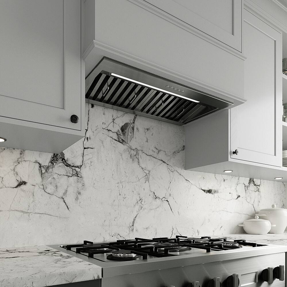 Back. Streamline - 28 in. Botricello Ductless Insert 350 CFM Range Hood, Baffle Filters, Electronic Button Control, LED Light - Brushed Stainless Steel.