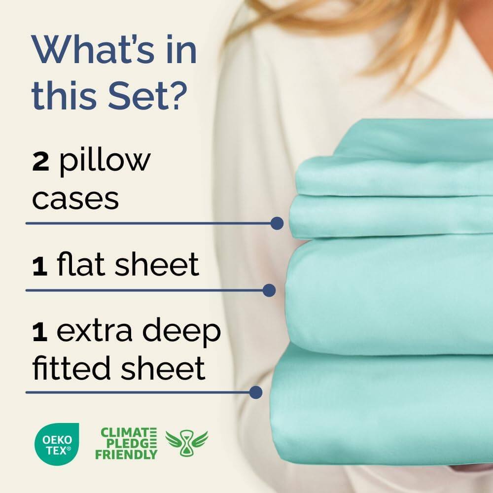 What's in this Set?

- 2 pillow cases
- 1 flat sheet
- 1 extra deep fitted sheet

CLIMATE PLEDGE FRIENDLY

OEKO TEX