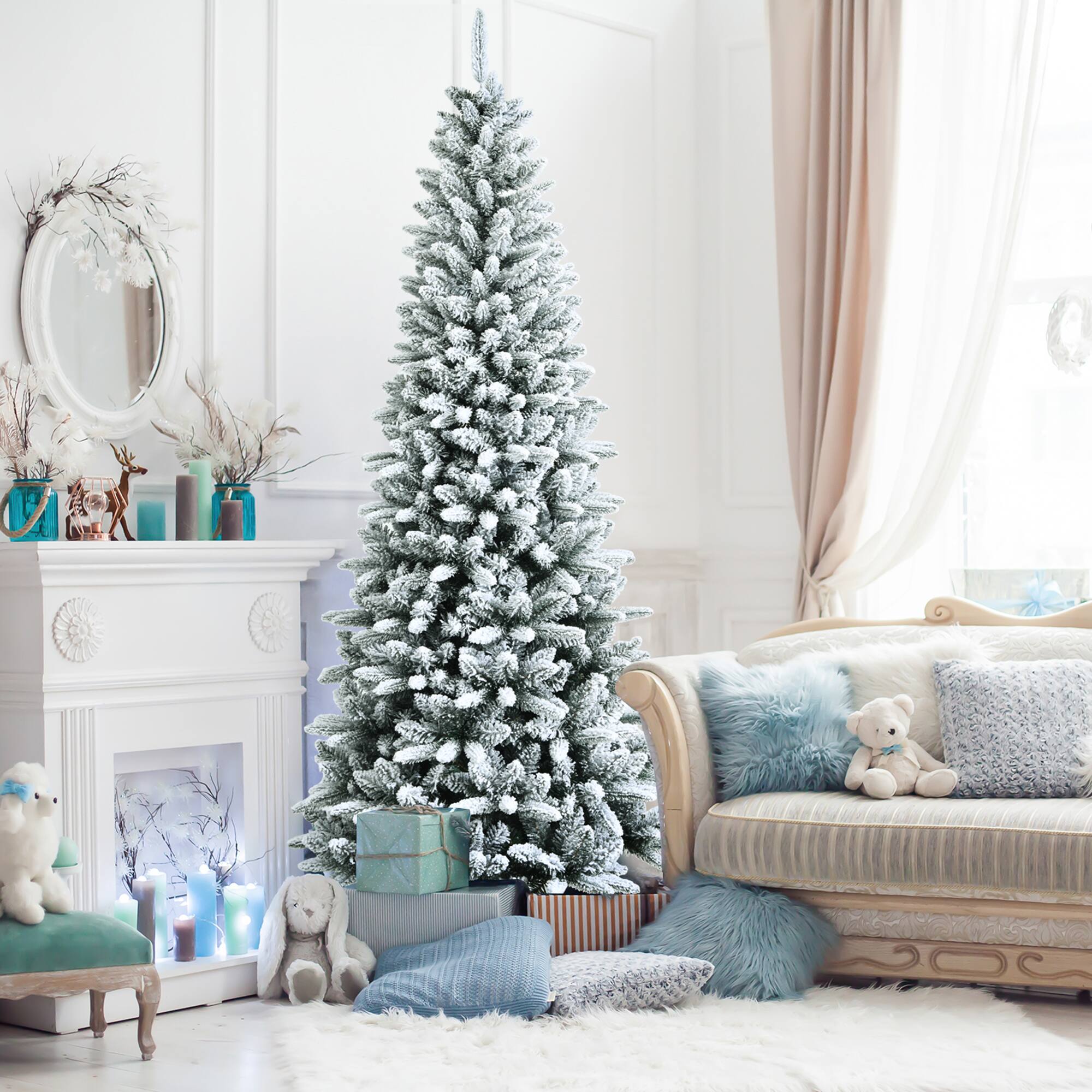 Alt View 2. Gymax - Gymax 7.5 FT Artificial Slim Christmas Tree Unlit Snow-Flocked Xmas Pencil Tree - White.