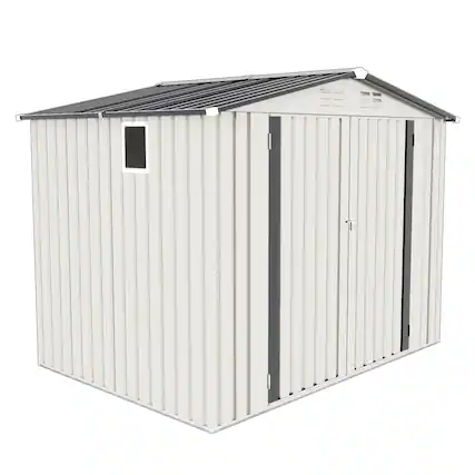 Front. Mondawe - 8X6 FT Metal Outdoor Storage Shed with Pitched Roof,Side Window and Lockable Door - White+gray.