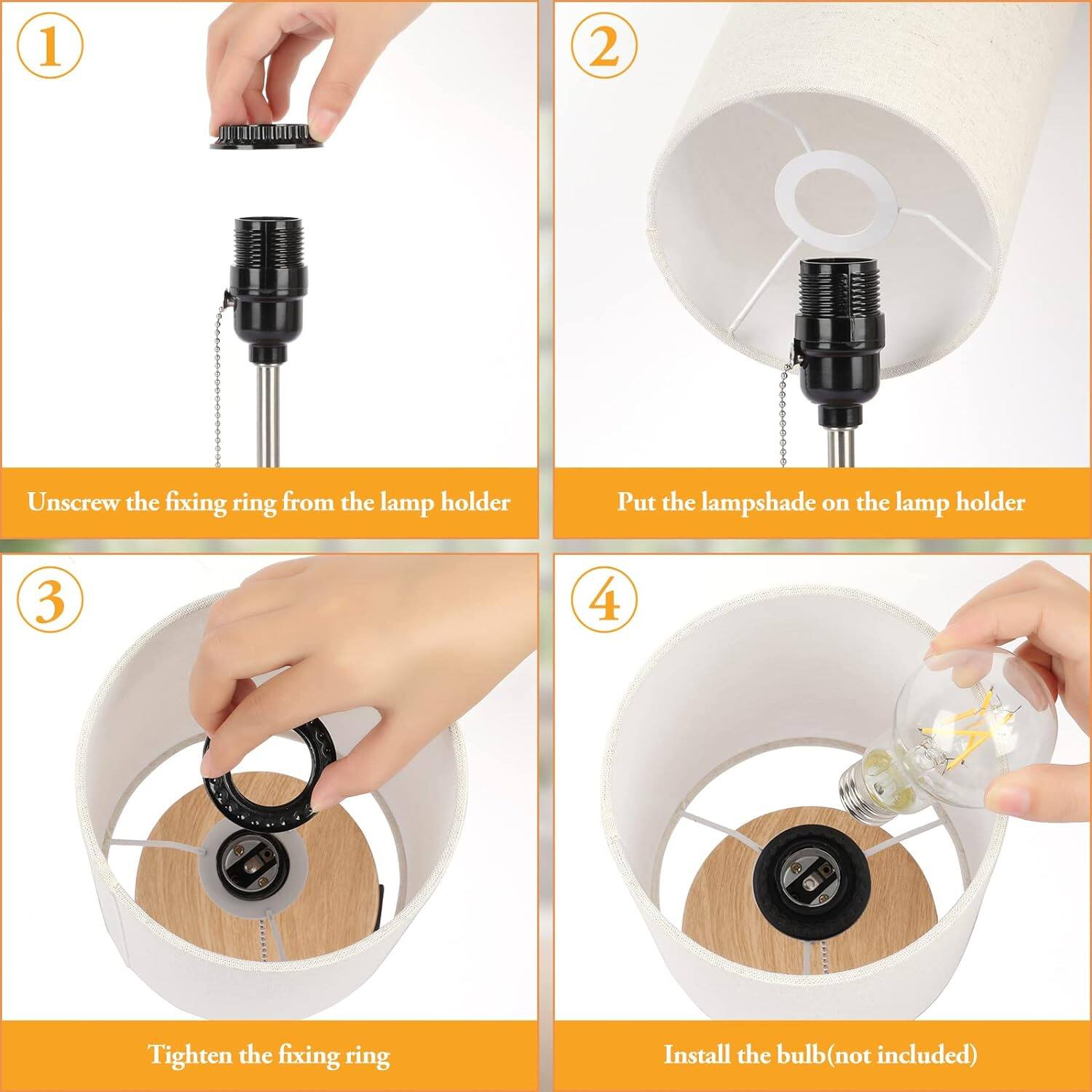 1 Unscrew the fixing ring from the lamp holder
2 Put the lampshade on the lamp holder
3 Tighten the fixing ring
4 Install the bulb (not included)