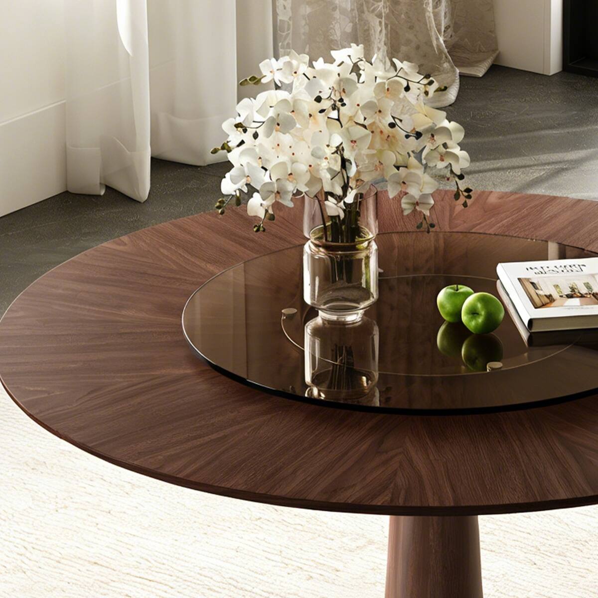 Alt View 4. Loheer - Loheer 47 Inch Solid Wood Round Dining Table with 23 Inch Tempered Glass Lazy Susan - Walnut.