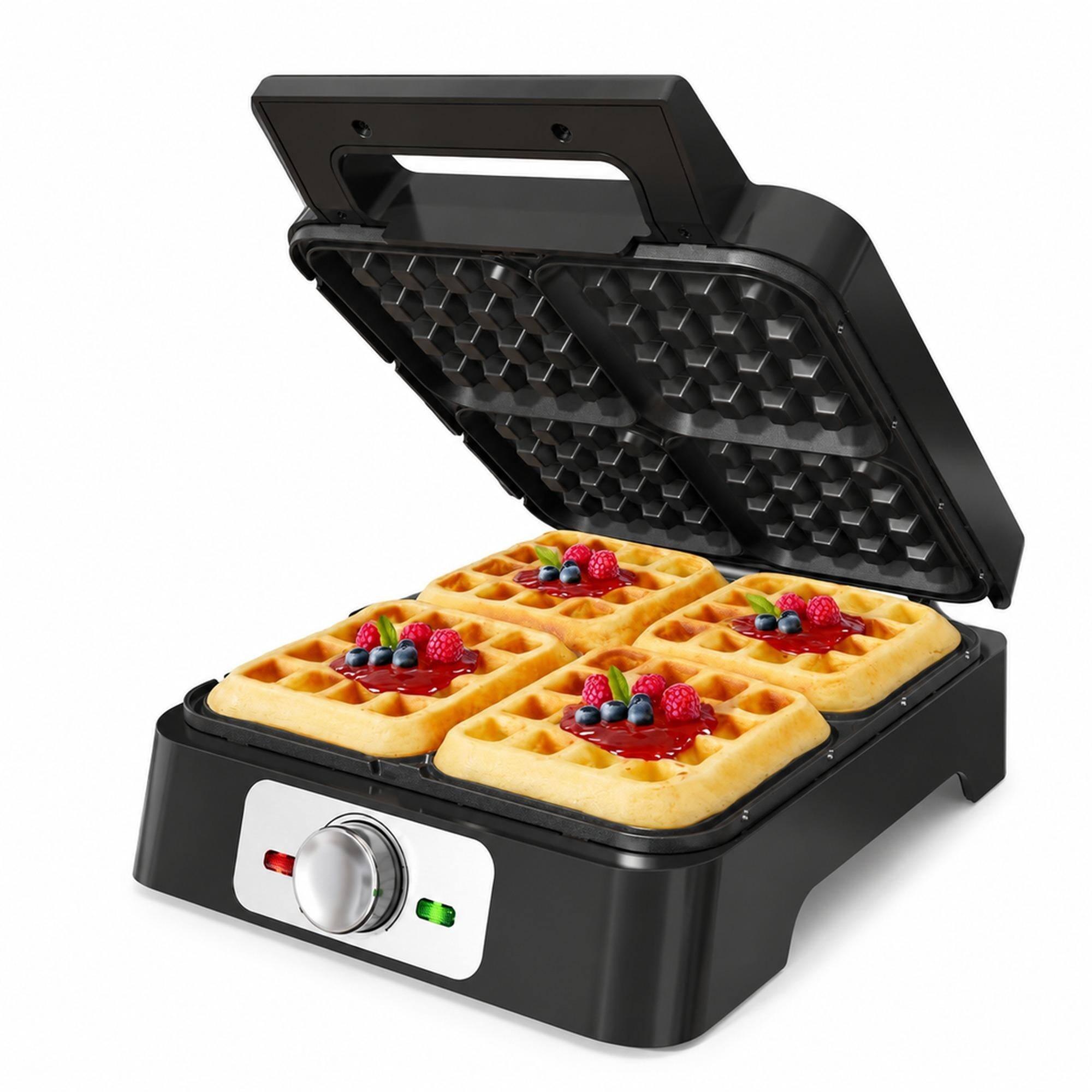 Front. RYHNUYNE - Stainless Steel Belgian Waffle Maker, 4 Slices, 1600W, Knob Control, Compact Upright Storage - Silver.