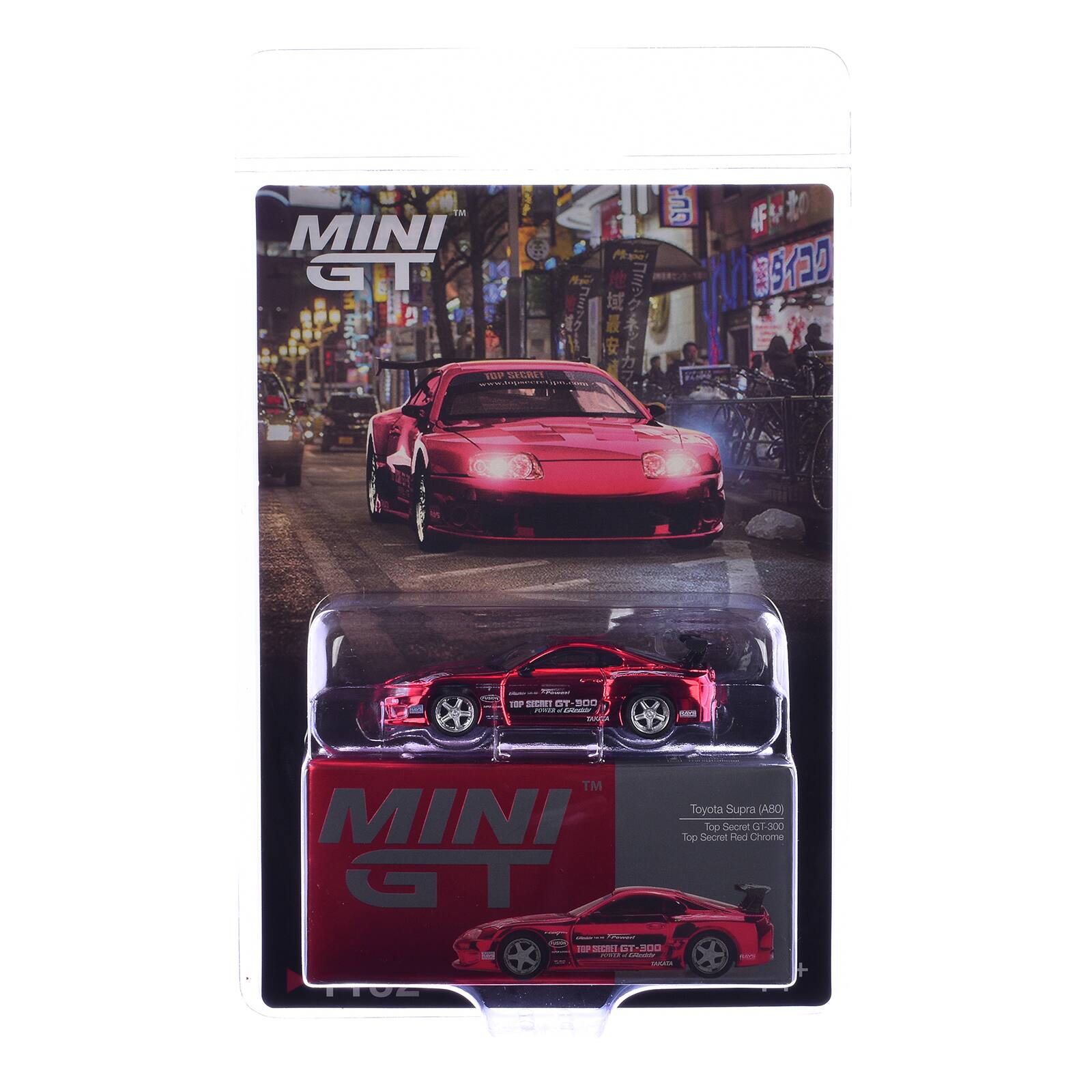 MINI GT  
www.topsecretpm.com  
TOP SECRET  

XX2 sida POP  
TOP SECRET GT-500 POWER 5 GRASHIC SHANGA  
502  

TM Toyota Supra (A80) MINI Top Secret Top Secret Red Chrome GT-300  
GT - CODIC TOP SECRET GT-800 WINDE  
5 SANDE  
1102
