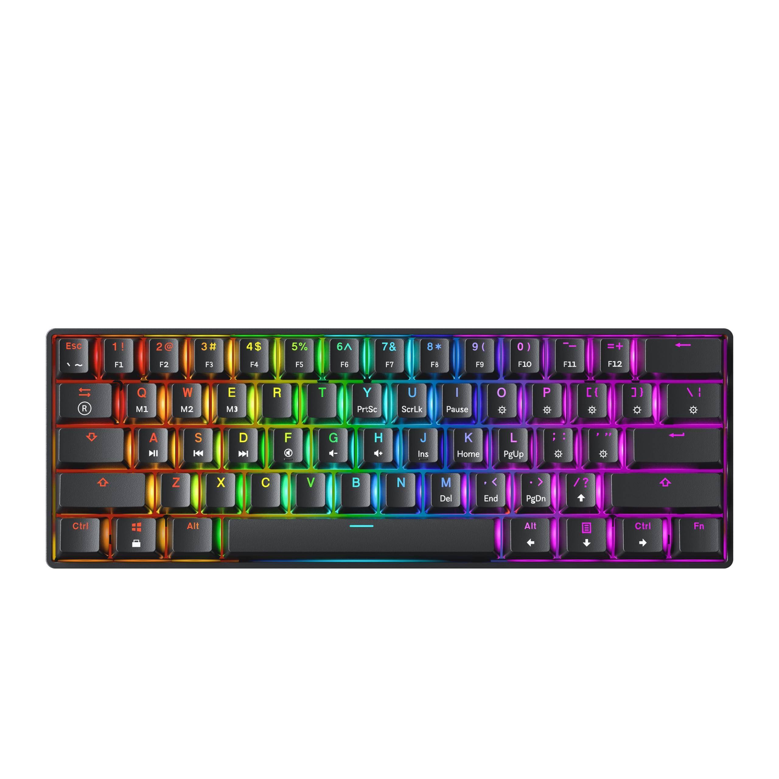 ESC 1 2 3 4 5 6 7 8 9 0 - = Backspace  
F1 F2 F3 F4 F5 F6 F7 F8 F9 F10 F11 F12  
Q W E R T Y U I O P [ ] \  
A S D F G H J K L ; ' Enter  
Z X C V B N M , . /  
Ctrl Fn Alt Spacebar Alt Ctrl  
M1 M2 M3 PrtSc Pause ScrLk  
Ins Home PgUp PgDn End Del  
Ctrl Alt Fn