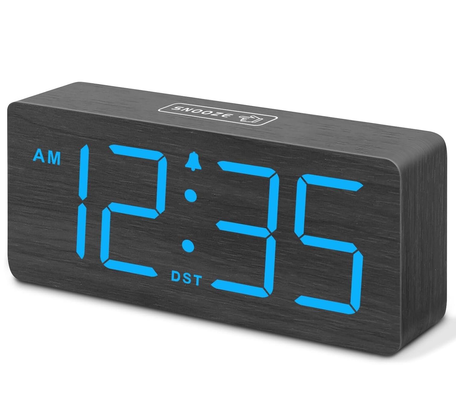 FINEAK - Wooden Digital Alarm Clock-Large Display, Loud Alarm, Stylish Decor - Blue (Plug-in)