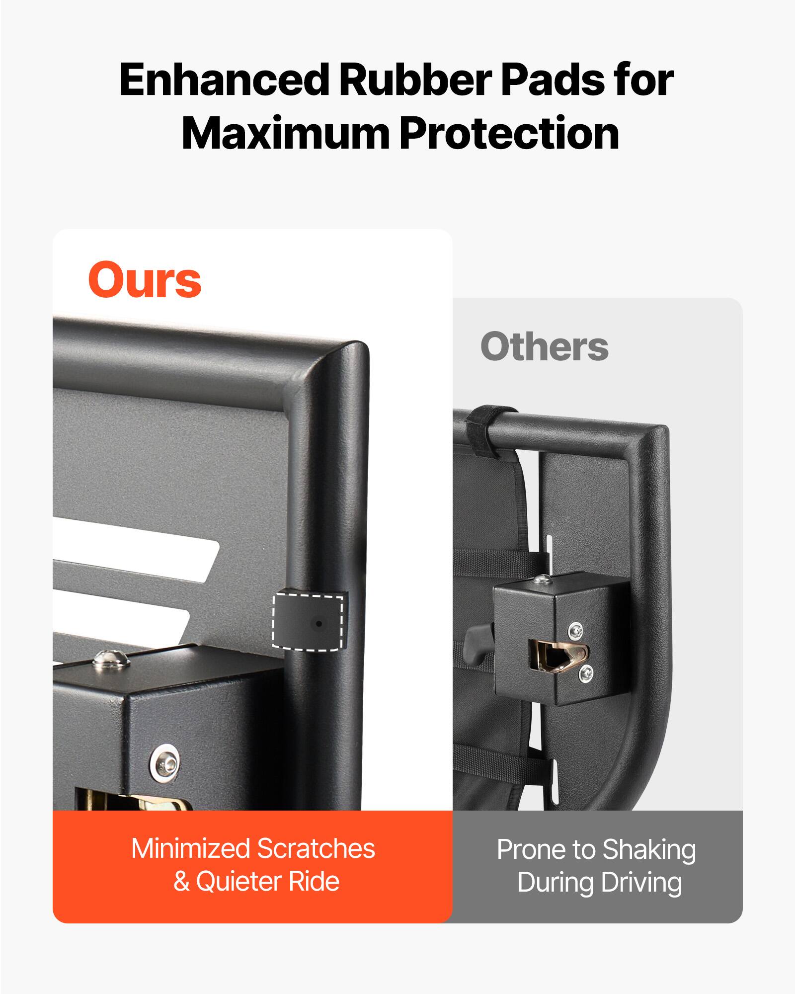 Enhanced Rubber Pads for Maximum Protection

Ours
Minimized Scratches & Quieter Ride

Others
Prone to Shaking During Driving