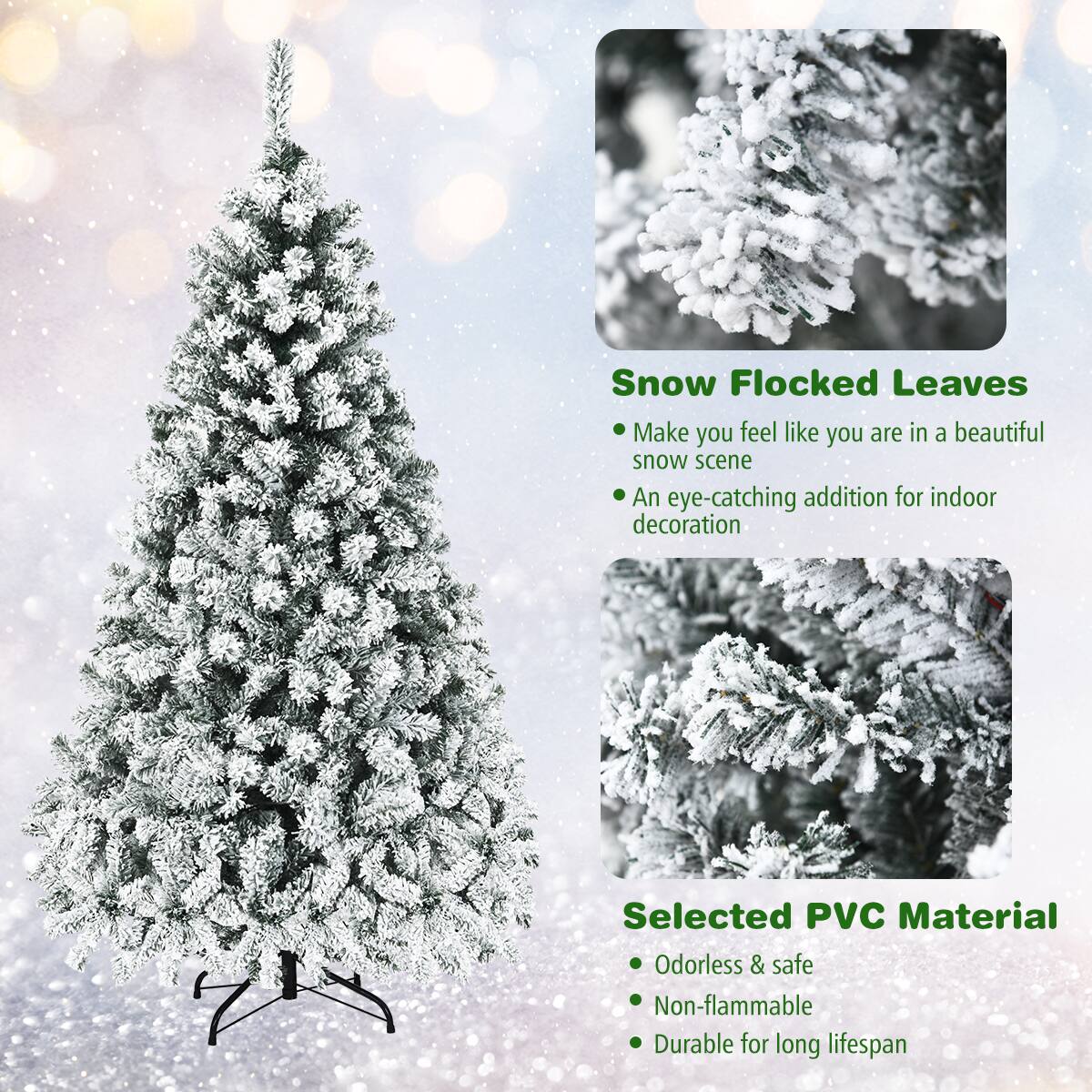 The text on the image is grouped and corrected as follows:

1. Snow Flocked Leaves: Make you feel like you are in a beautiful snow scene. An eye-catching addition for indoor decoration.
2. Selected PVC Material: Odorless & safe. Non-flammable. Durable for long lifespan.