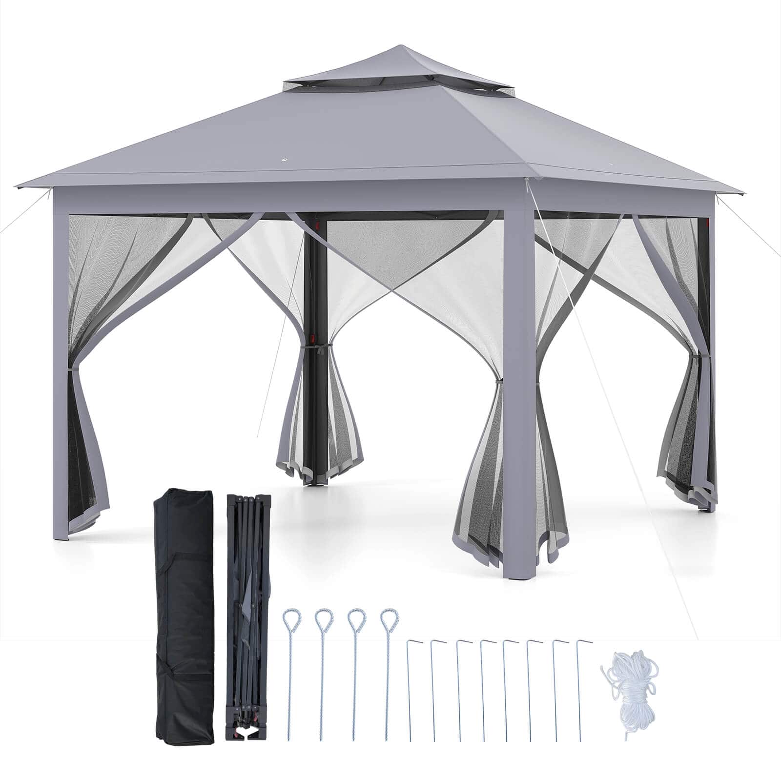 Costway - 11 ft × 11 ft Pop up Gazebo with Mesh Netting Sidewalls, Vented Top, Drainage Holes - Gray