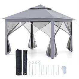 Costway - 11 ft × 11 ft Pop up Gazebo with Mesh Netting Sidewalls, Vented Top, Drainage Holes - Gray