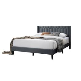 Manhattan Lane - Jeo Queen Size Bed, Geometric Stitched Charcoal Gray Burlap Upholstery - Charcoal Gray, Black