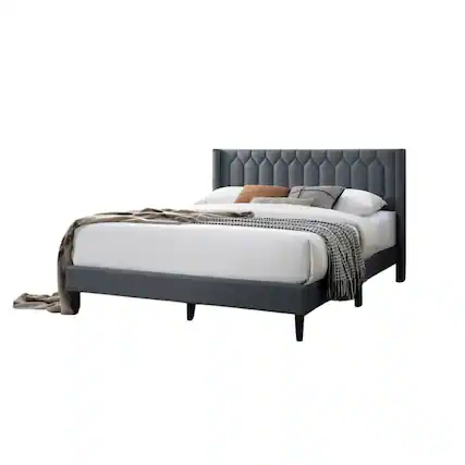 Front. Manhattan Lane - Jeo Queen Size Bed, Geometric Stitched Charcoal Gray Burlap Upholstery - Charcoal Gray, Black.