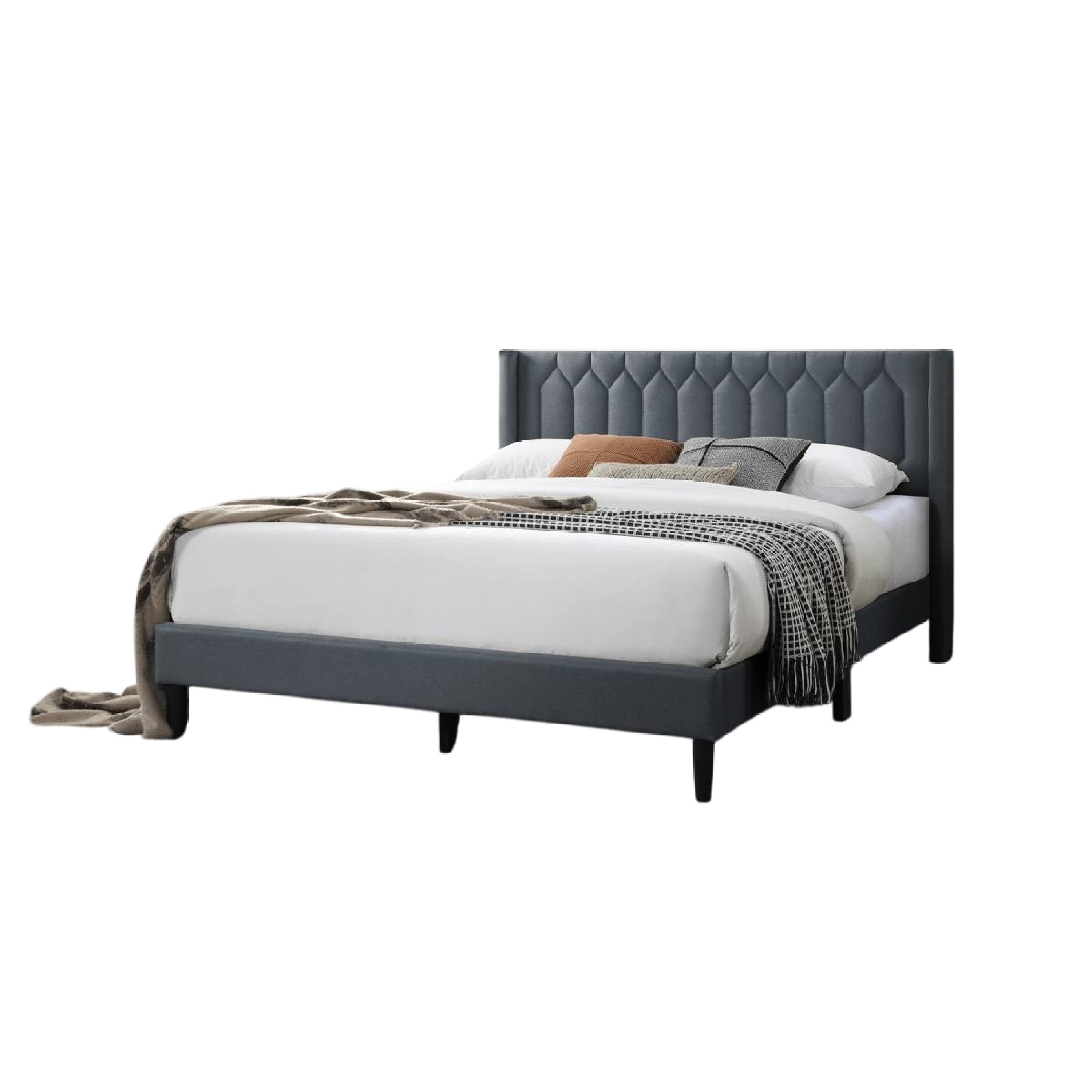 Front. Manhattan Lane - Jeo Queen Size Bed, Geometric Stitched Charcoal Gray Burlap Upholstery - Charcoal Gray, Black.