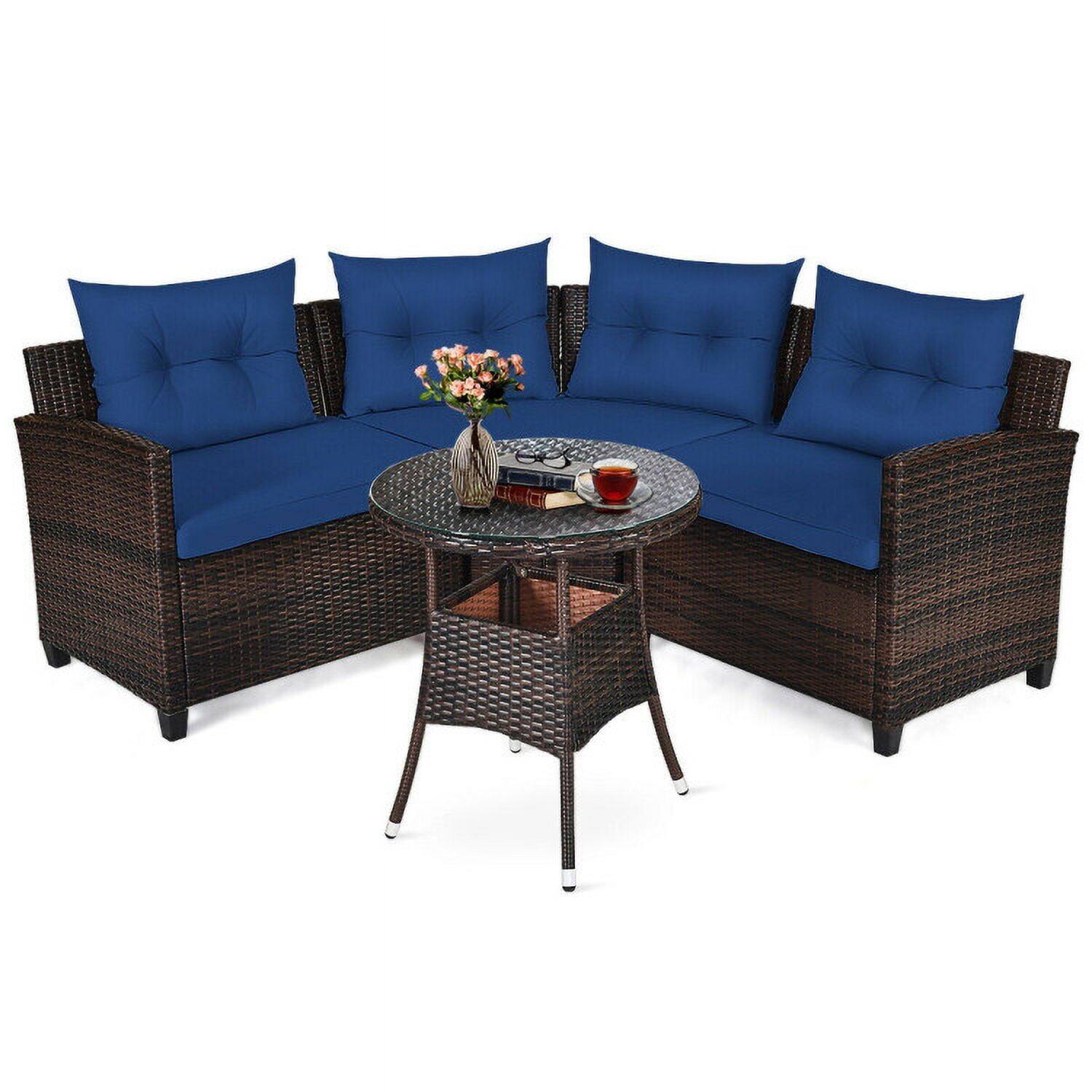 Left. Pefilos - 4 Pieces Outdoor Cushioned Rattan Furniture Set-Navy, Wicker Furniture Conversation Sets, Coffee Dining Table for Garden - Blue.