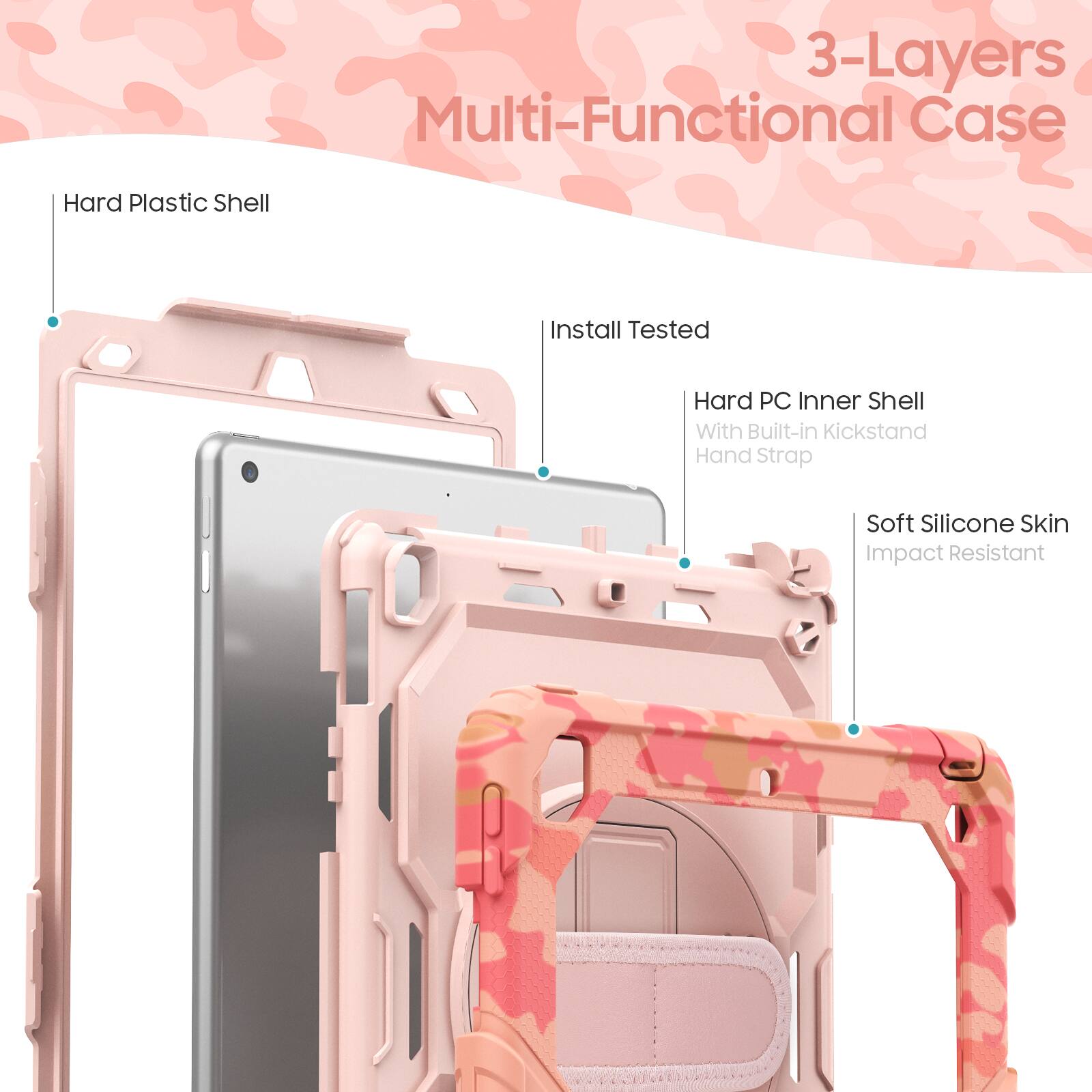 3-Layers Multi-Functional Case  
Hard Plastic Shell  
Install Tested  
Hard PC Inner Shell With Built-in Kickstand Hand Strap  
Soft Silicone Skin Impact Resistant