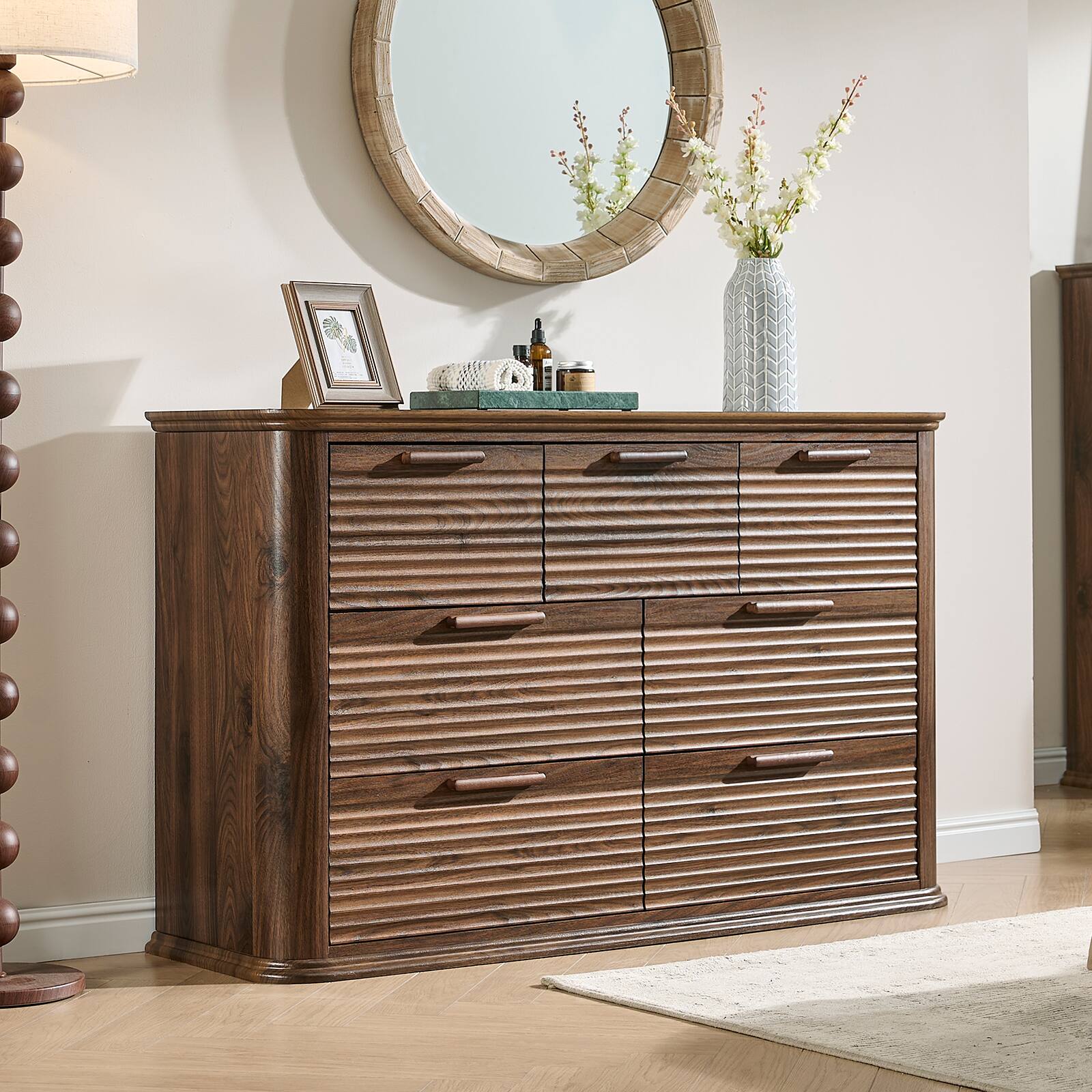 Left. Forest'nSky - Walnut Wood 7 drawer 52 in. Wide Chest of Drawers with Curved Profile Design for Living Room - Walnut.