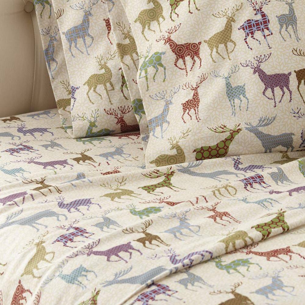 Alt View 1. Shavel Home Products - Shavel Micro Flannel Quality Printed Sheet Set - Twin Flat/Fitted Sheet Pillowcase 21x32" - Colorful Deer. - Colorful deer.