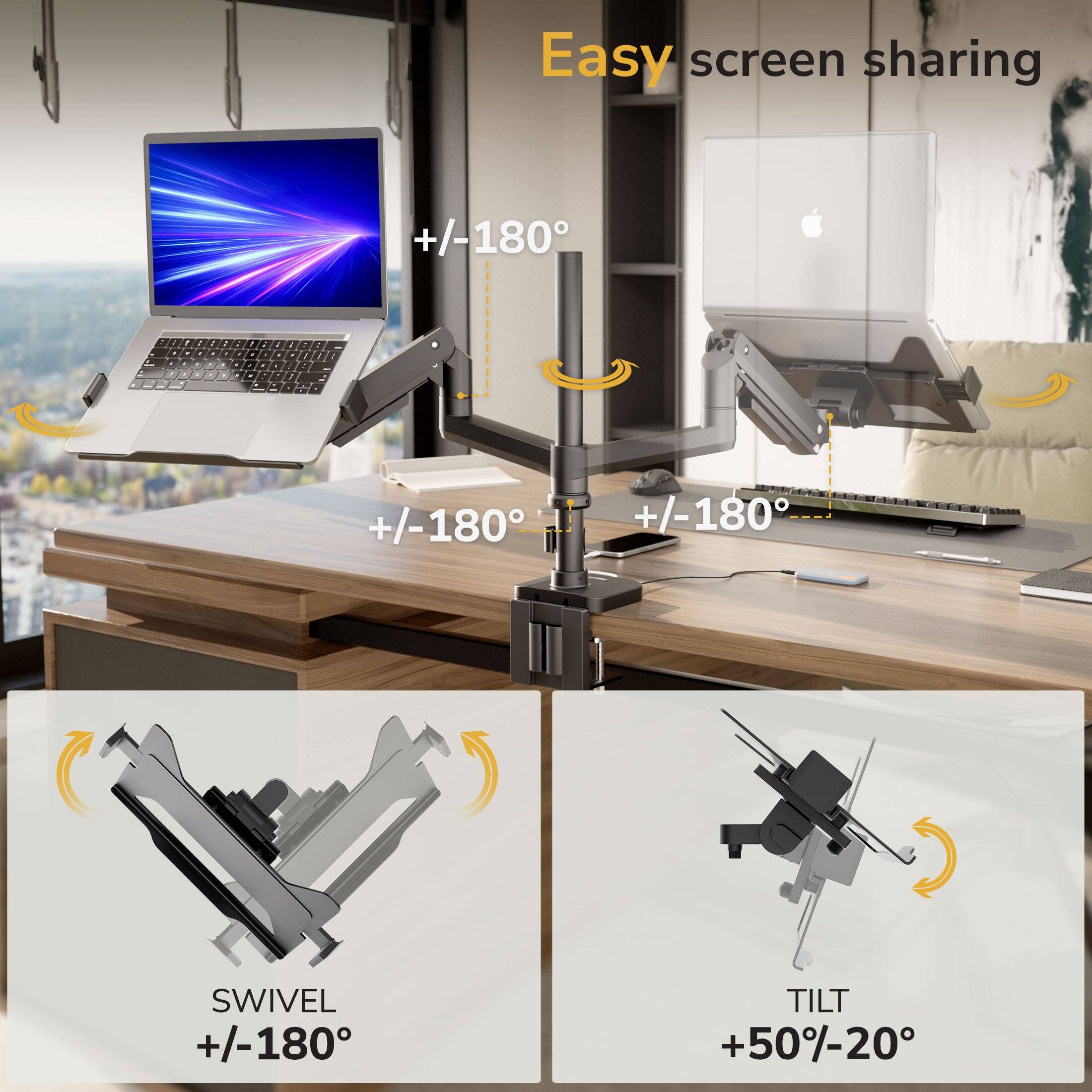 Easy screen sharing  
+/-180°  
+/-180° SWIVEL +/-180°  
+/-180° TILT +50%-20°