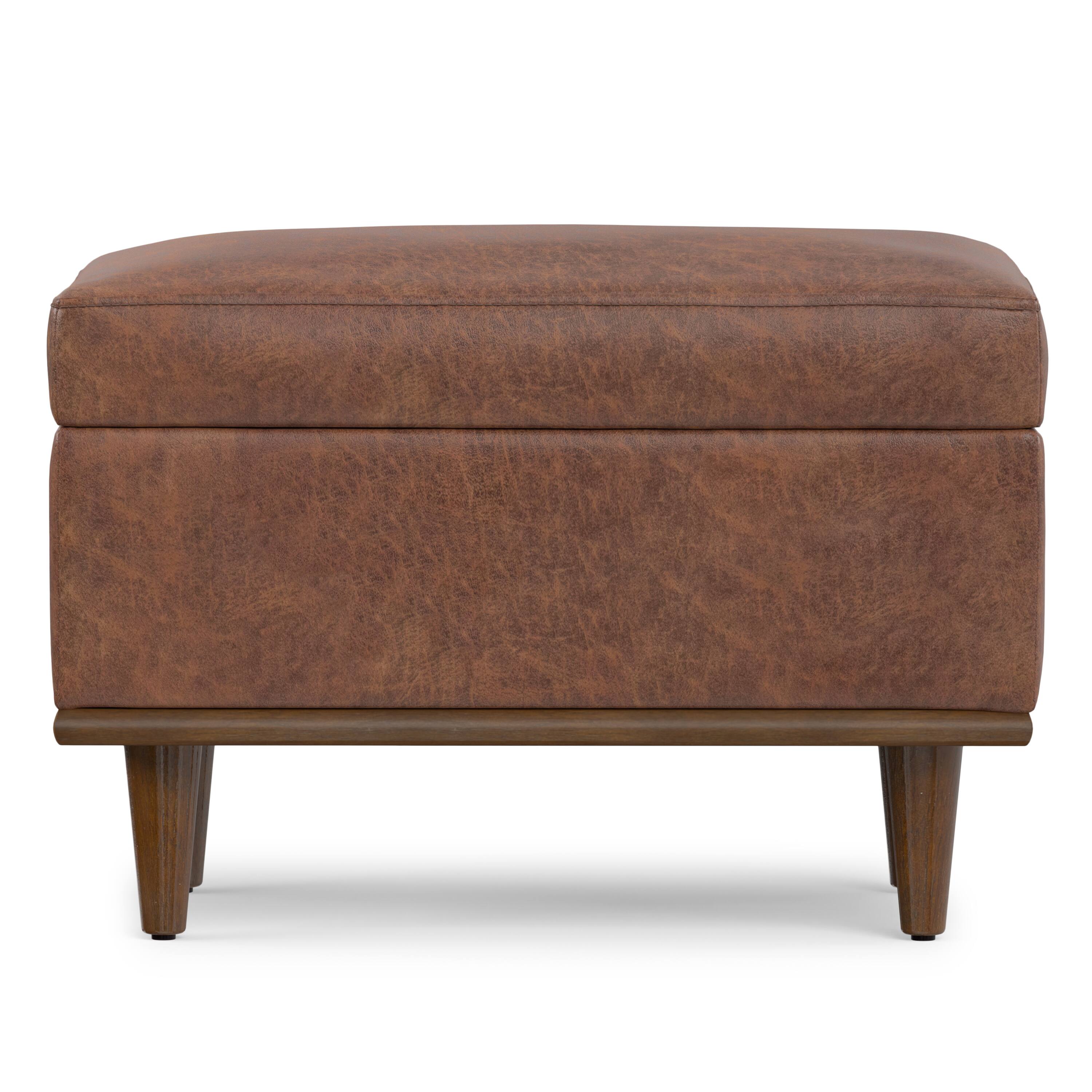 Back. Simpli Home - Shiloh 26 inch Transitional Contemporary Small Storage Ottoman in Distressed Saddle Brown Vegan Faux Leather, Assembled - Distressed Saddle Brown.