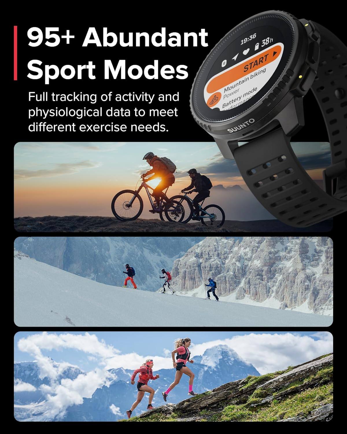 95+ Abundant Sport Modes

Full tracking of activity and physiological data to meet different exercise needs.

Mountain biking
Power mode
Battery performance