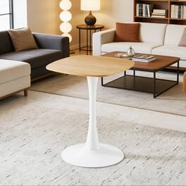 Loheer - Oak Dining Table with White Metal Pedestal Base, Modern Round Table for Dining Room - White and Oak