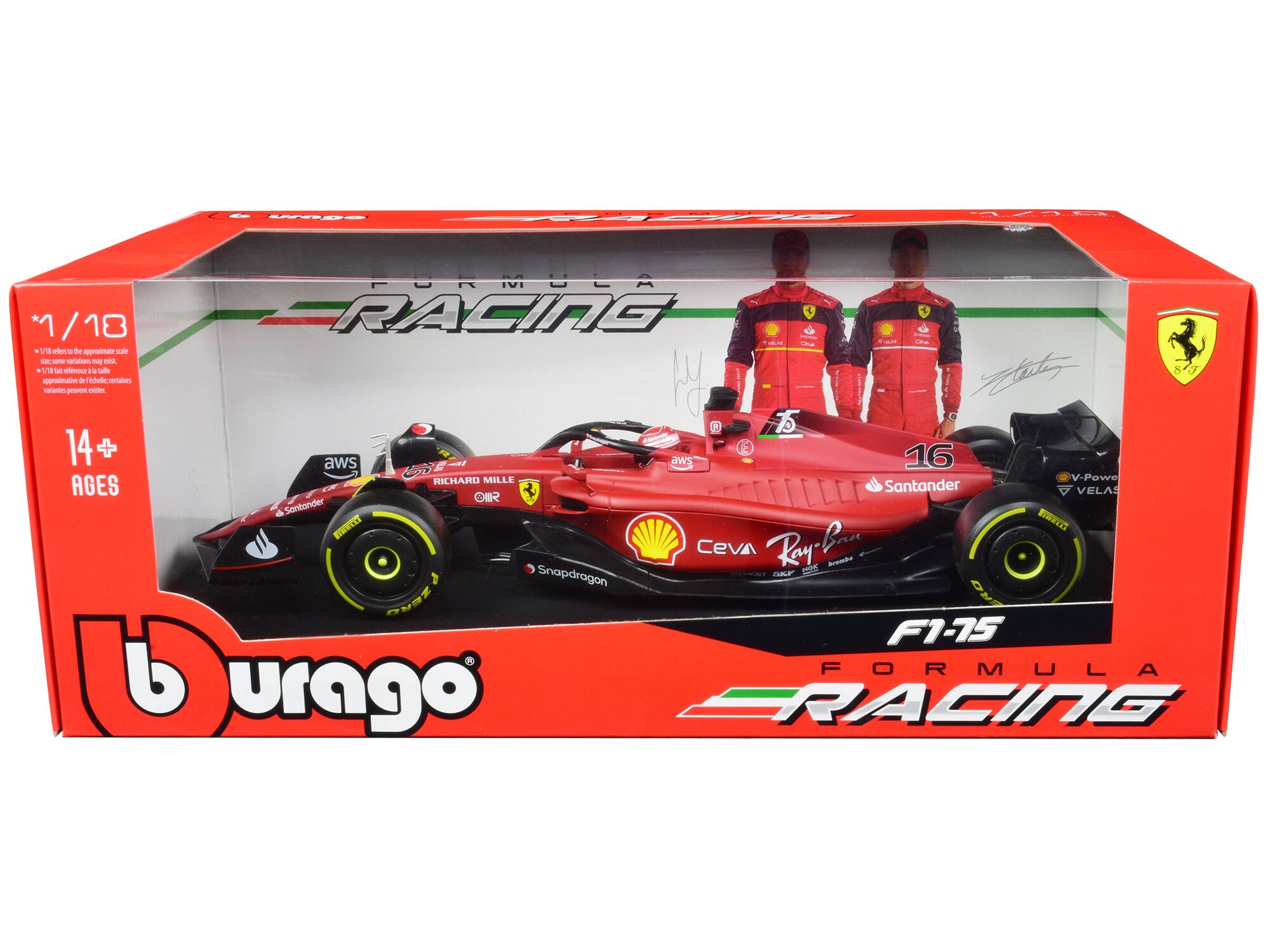 1/18 RACING  
14+ AGES  
FORMULA RACING  
b urago  
RICHARD MILLE  
Santander  
Snapdragon  
Ray-Ban  
AWS  
Ceva  
V-Power  
F1-75