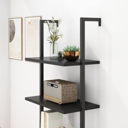 Alt View 4. Winado - 24"L x 12"W x 71"H Tall 5 Tier Modern Bookshelf Wood Board Ladder Bookcase with Metal Frame Industrial Open Storage Unit - Black.