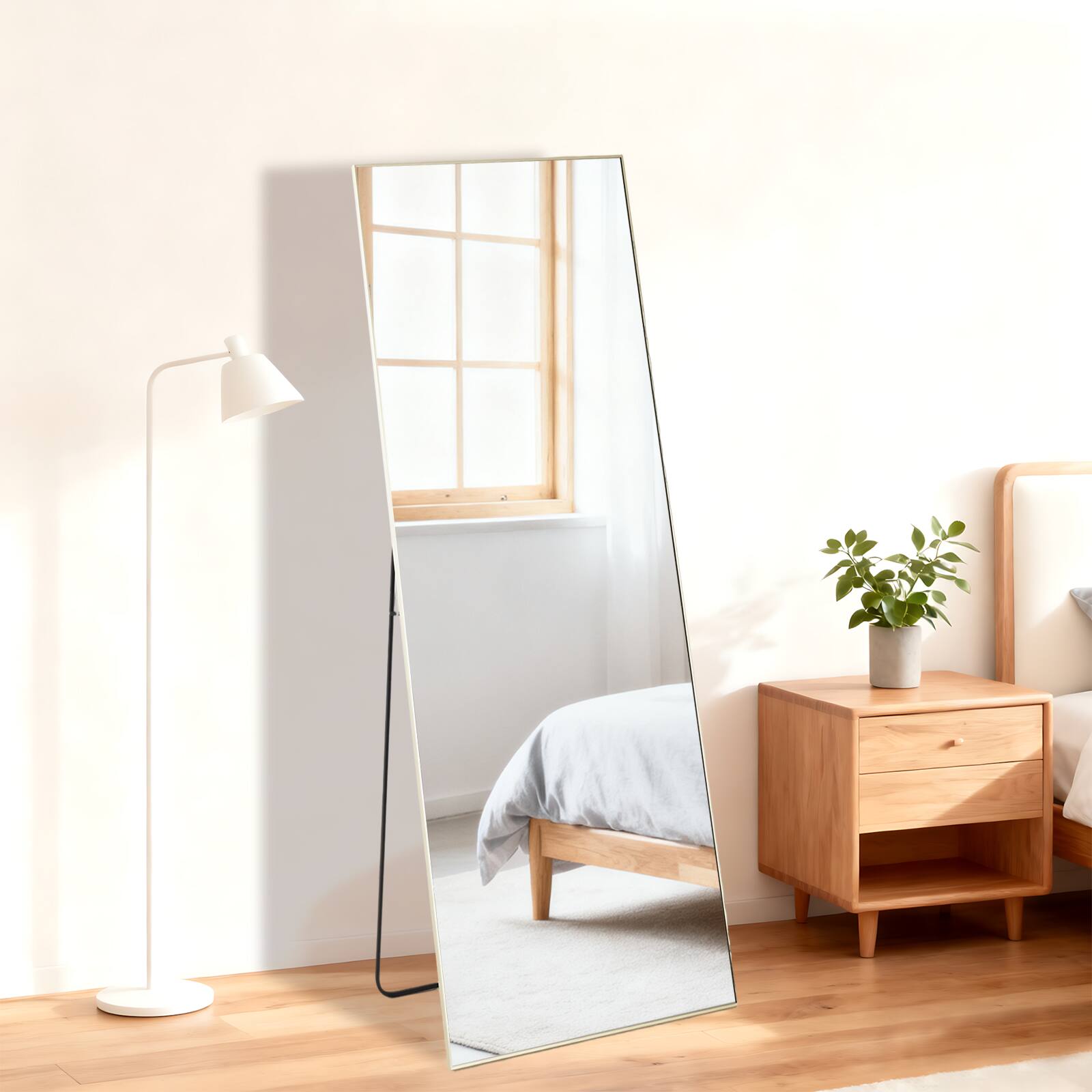 Front. AENKYO - 56"x15" Full Length Mirror, Full Body Standing Mirror Wall Mirrors with Aluminum Alloy Frame - Gold.