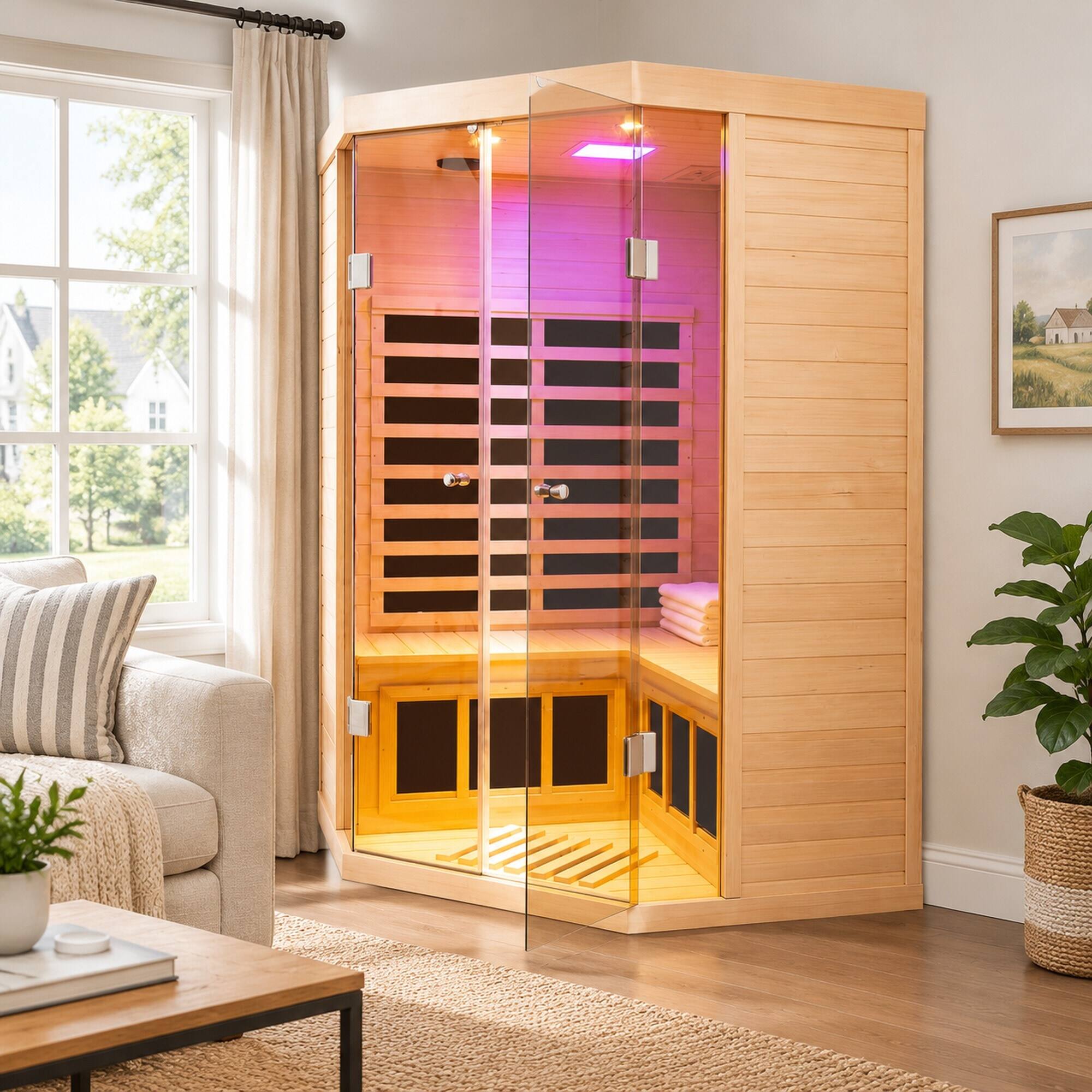 Alt View 1. RYHNUYNE - 2 Person Hemlock Far Infrared Corner Sauna, Panoramic Glass Front, 7 Heating Panels, 1520W, Bluetooth and APP Control - Natural.