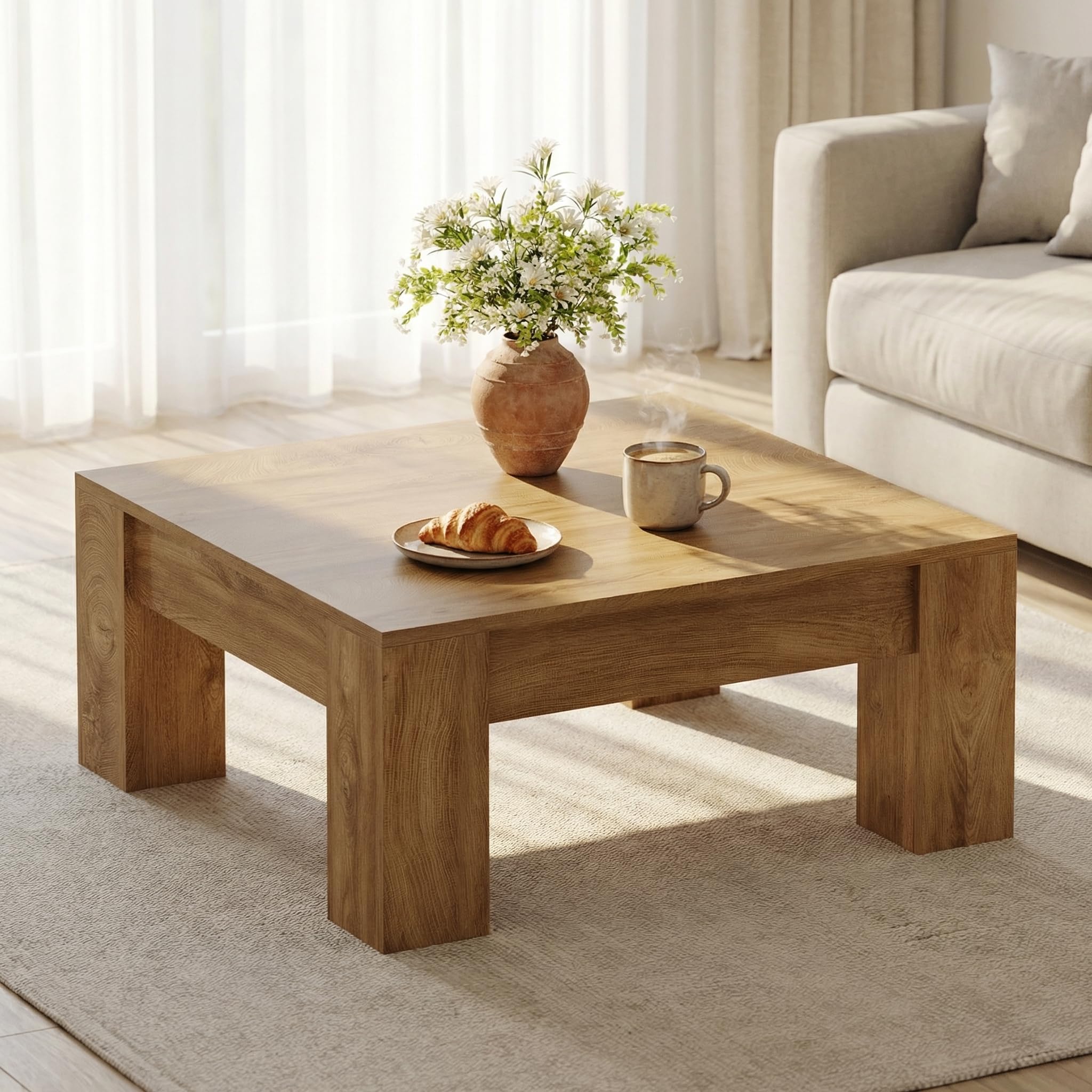Alt View 2. Tribesigns - 39" Square Coffee Table for Living Room, Modern Farmhouse - Light Brown.