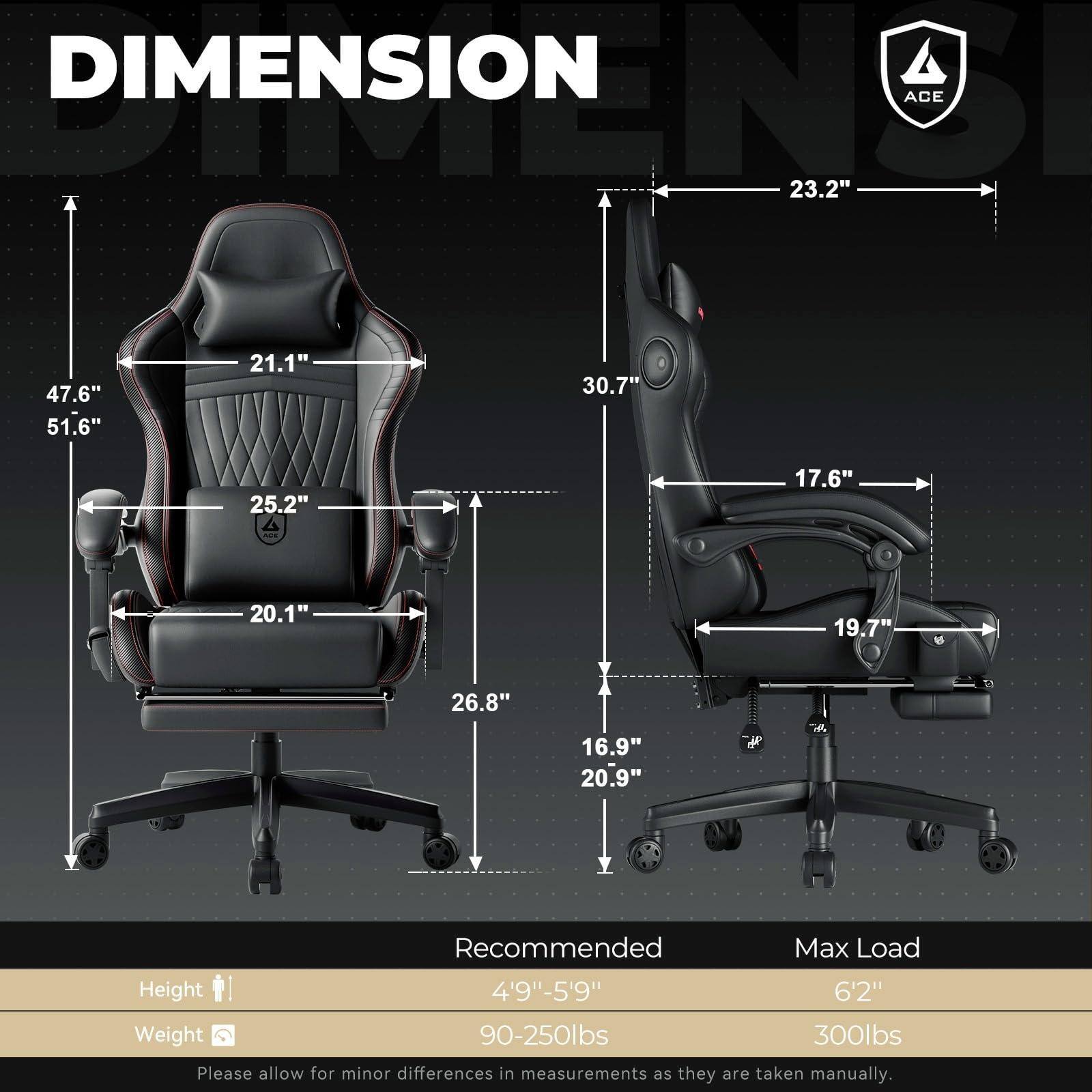 **DIMENSION**

- **Width:** 47.6"
- **Depth:** 51.6"
- **Height:** 23.2"
- **Seat Width:** 21.1"
- **Seat Depth:** 25.2"
- **Back Height:** 30.7"
- **Armrest Height:** 17.6"
- **Armrest Width:** 19.7"
- **Base Width:** 26.8"
- **Base Height:** 16.9"
- **Base Diameter:** 20.9"

**Recommended Max Load:**
- **Height:** 4'9" - 5'9"
- **Weight:** 90-250lbs

**Max Load:**
- **Height:** 6'2"
- **Weight:** 300lbs

*Please allow for minor differences in measurements as they are taken manually.*