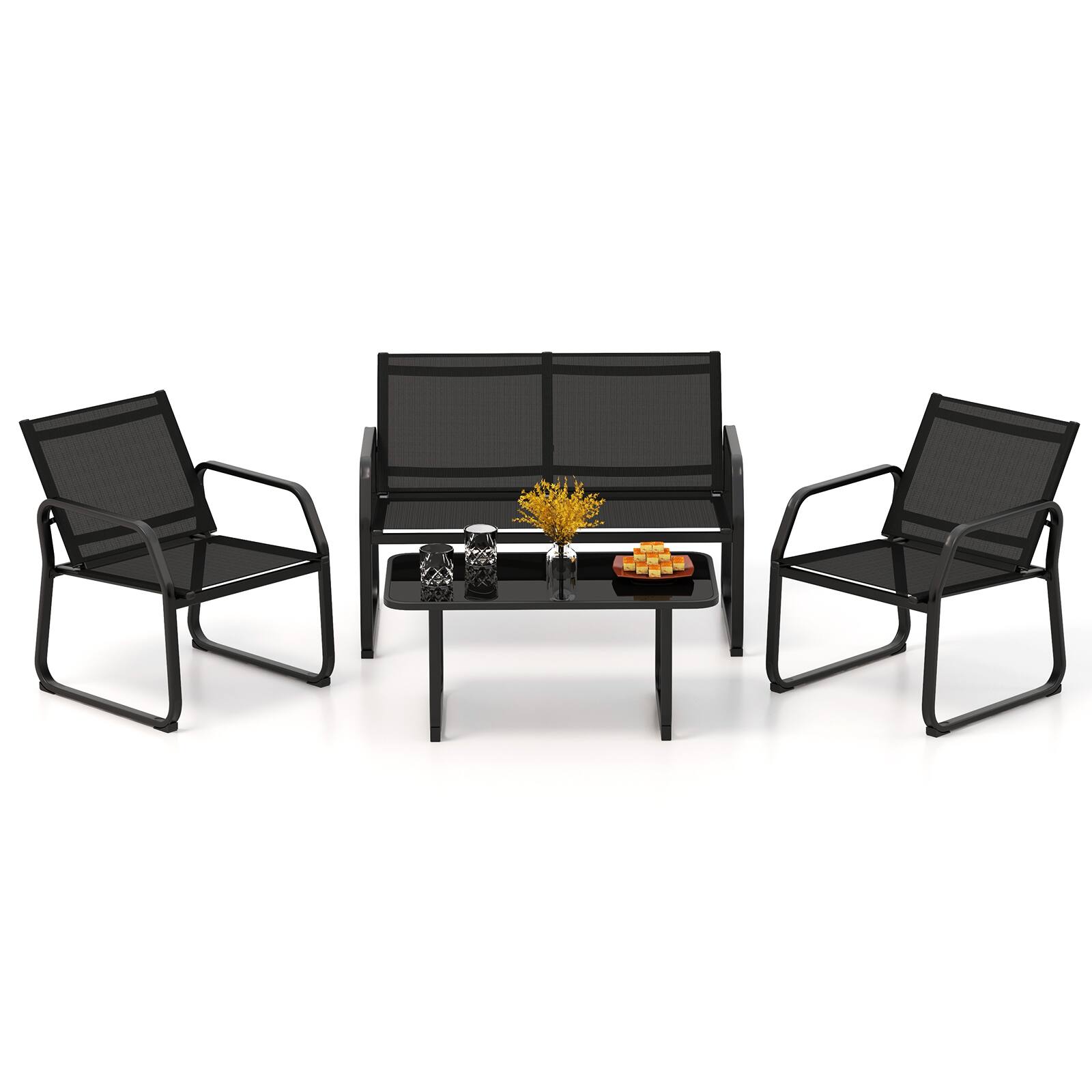 Alt View 7. Gymax - Gymax 4 PCS Patio Conversation Set w/ Breathable Fabric Seat Tempered Glass Tabletop - Black.