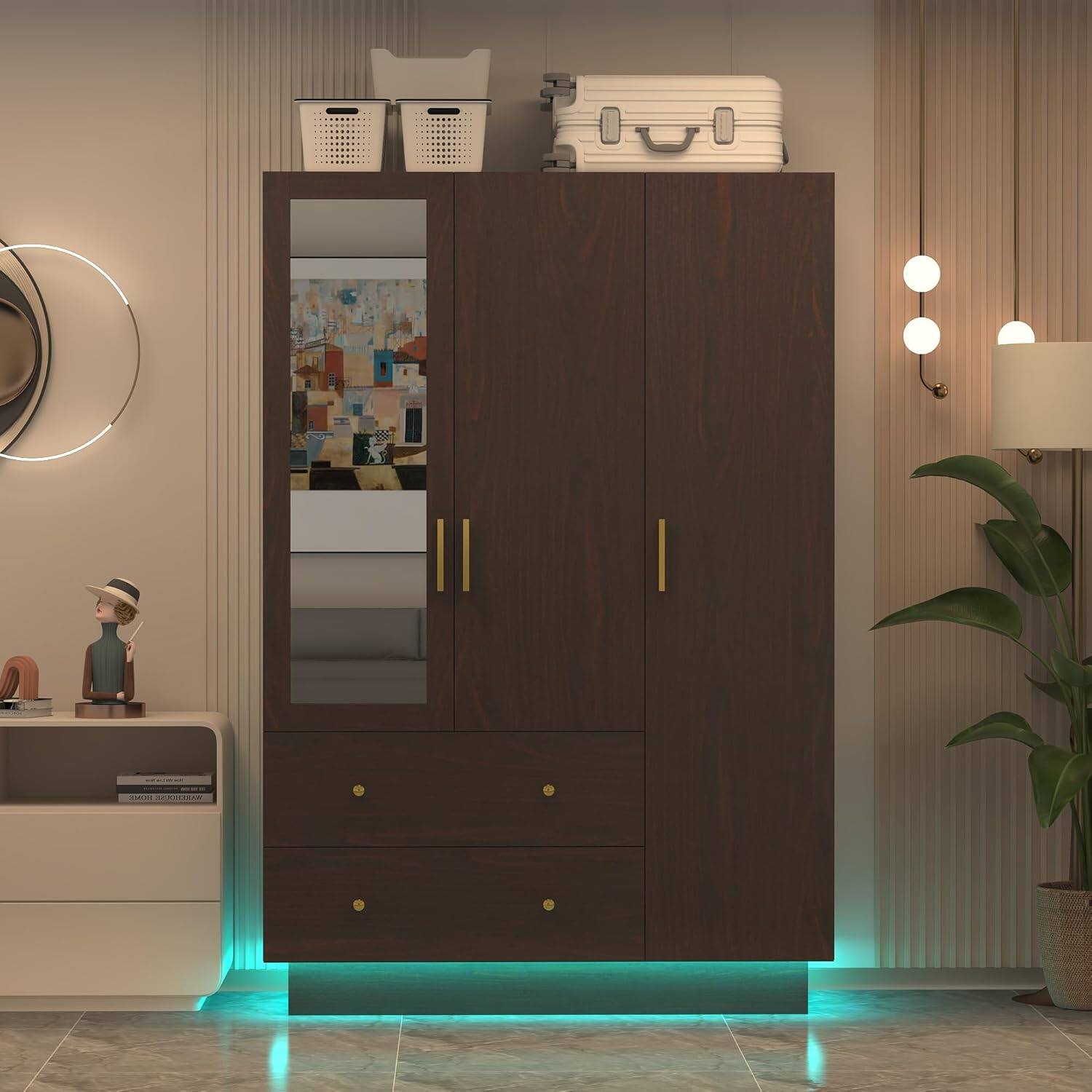 Alt View 3. Espafurni - 3 - Door Wardrobe with Mirror for Bedroom - LED Lights, Drawers, Shelves, Hanging Rod - Black.