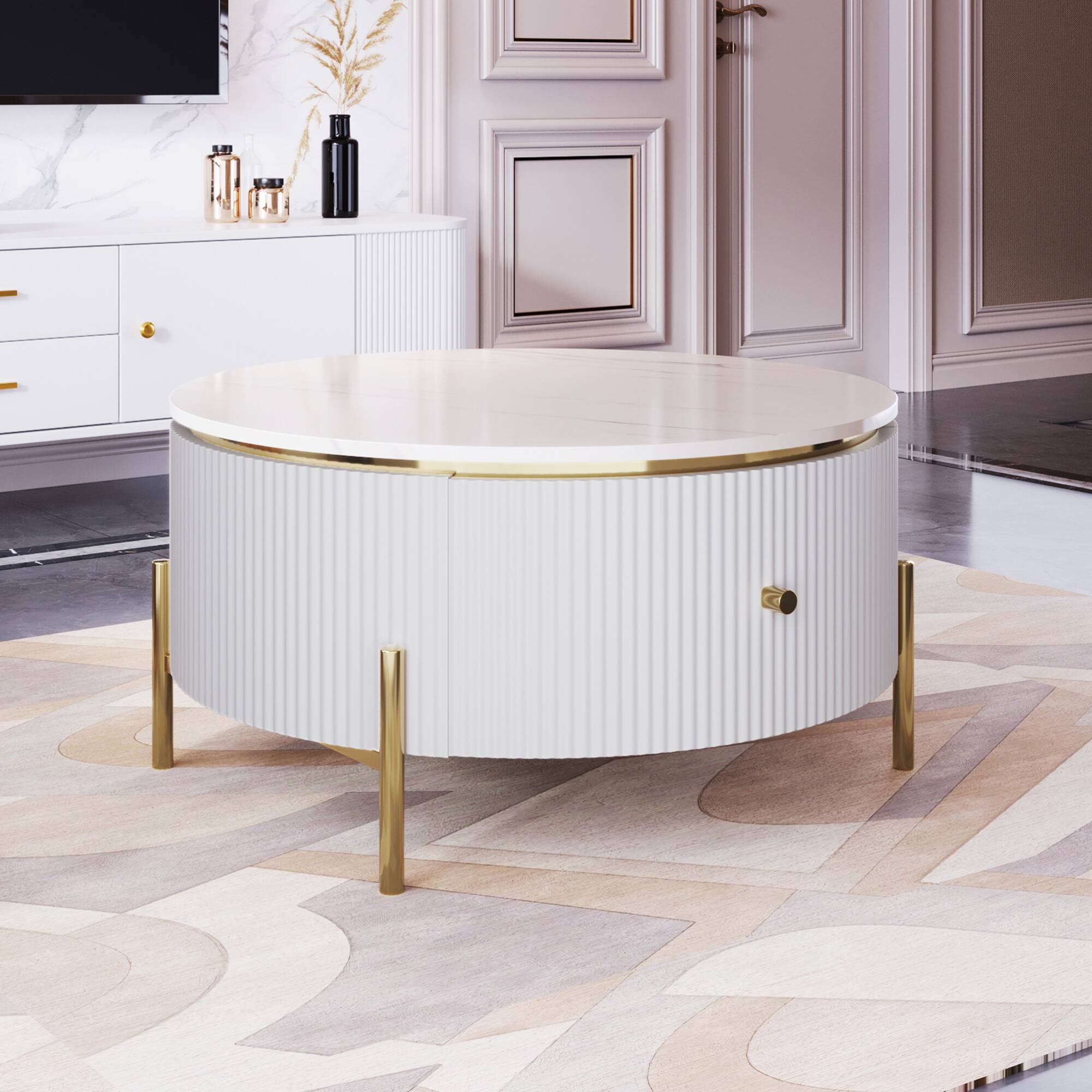 Angle. GOODSILO - Contemporary Round Coffee Table with Dual Large Drawers for Enhanced Living Room Storage and Style - White.