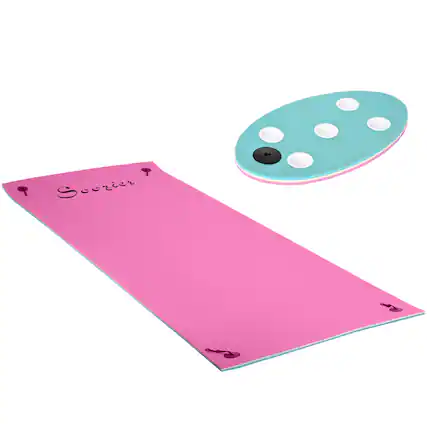 Front. Soozier - 12' x 5' Lily Pad Floating Mat with Cup Holder Table, 3-Layer Portable Roll-Up Water Mat Float Dock for 2-3 People.