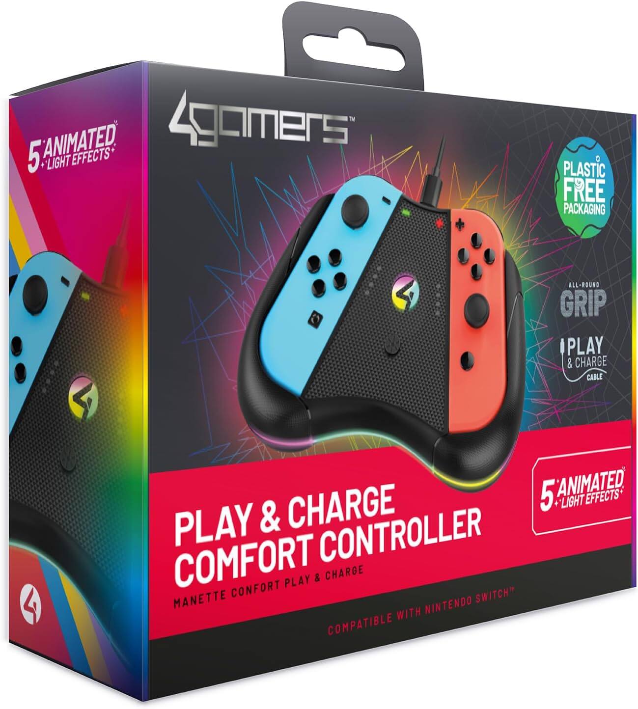 5 Animated Light Effects  
Zgomers  
Plastic Free Packaging  
All-Round Grip  
Play & Charge Cable  
Play & Charge Comfort Controller  
Compatible with Nintendo Switch  
Manette Comfort Play & Charge