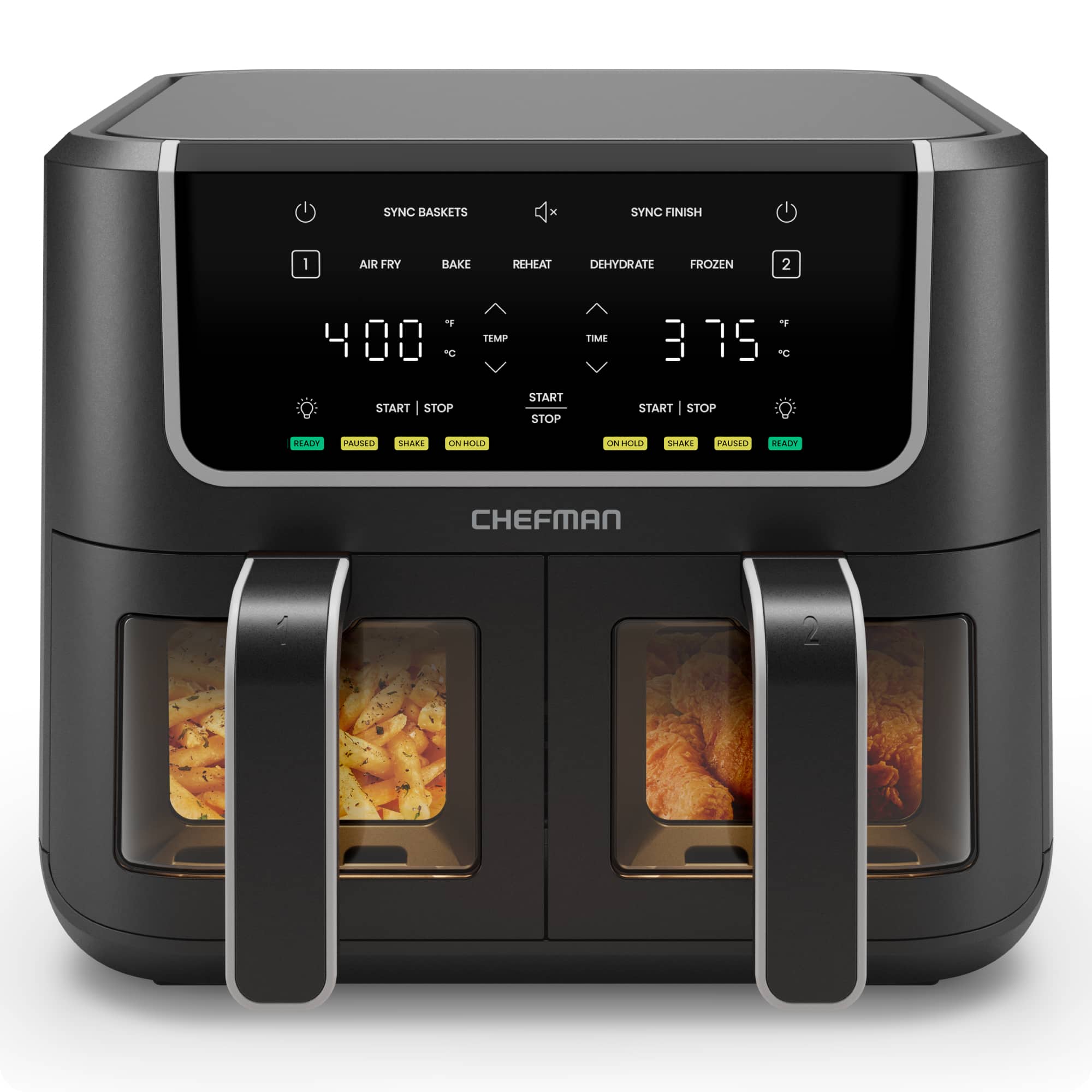 Chefman - TurboFry 6-Quart Dual-Basket Air Fryer with Easy View Windows, Sync Finish, Digital Touch Controls - Black